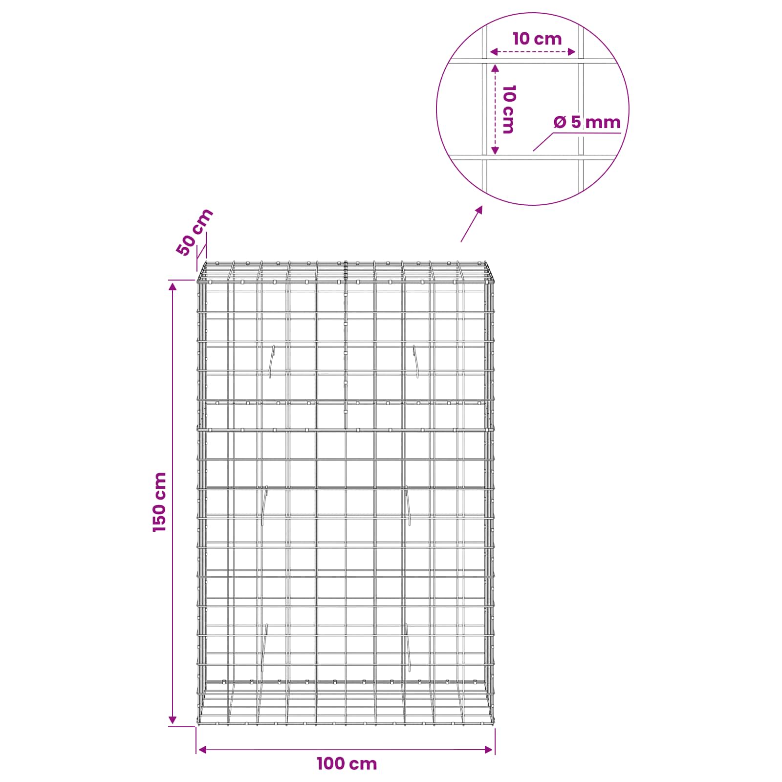 Gabion z žico 5 mm in mrežo 10x10 cm 100x50x150 cm