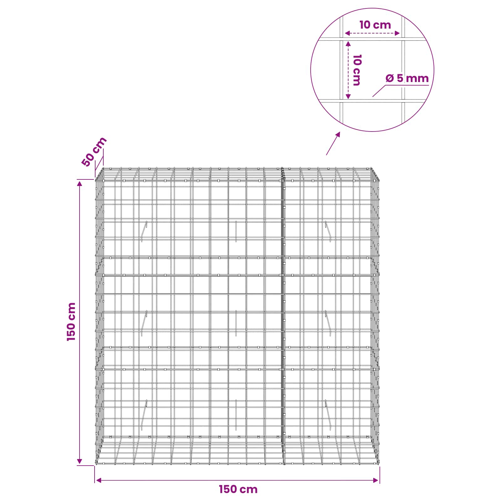 Gabion z žico 5 mm in mrežo 10x10 cm 150x50x150 cm