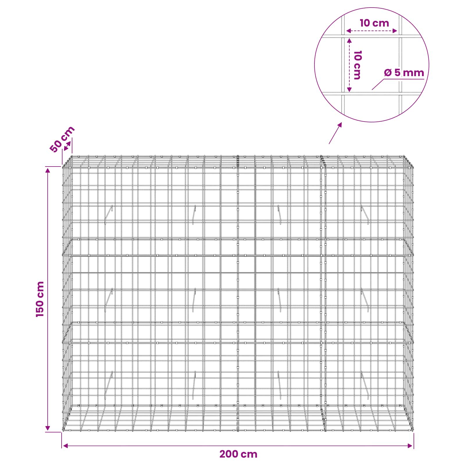 Gabion z žico 5 mm in mrežo 10x10 cm 200x50x150 cm