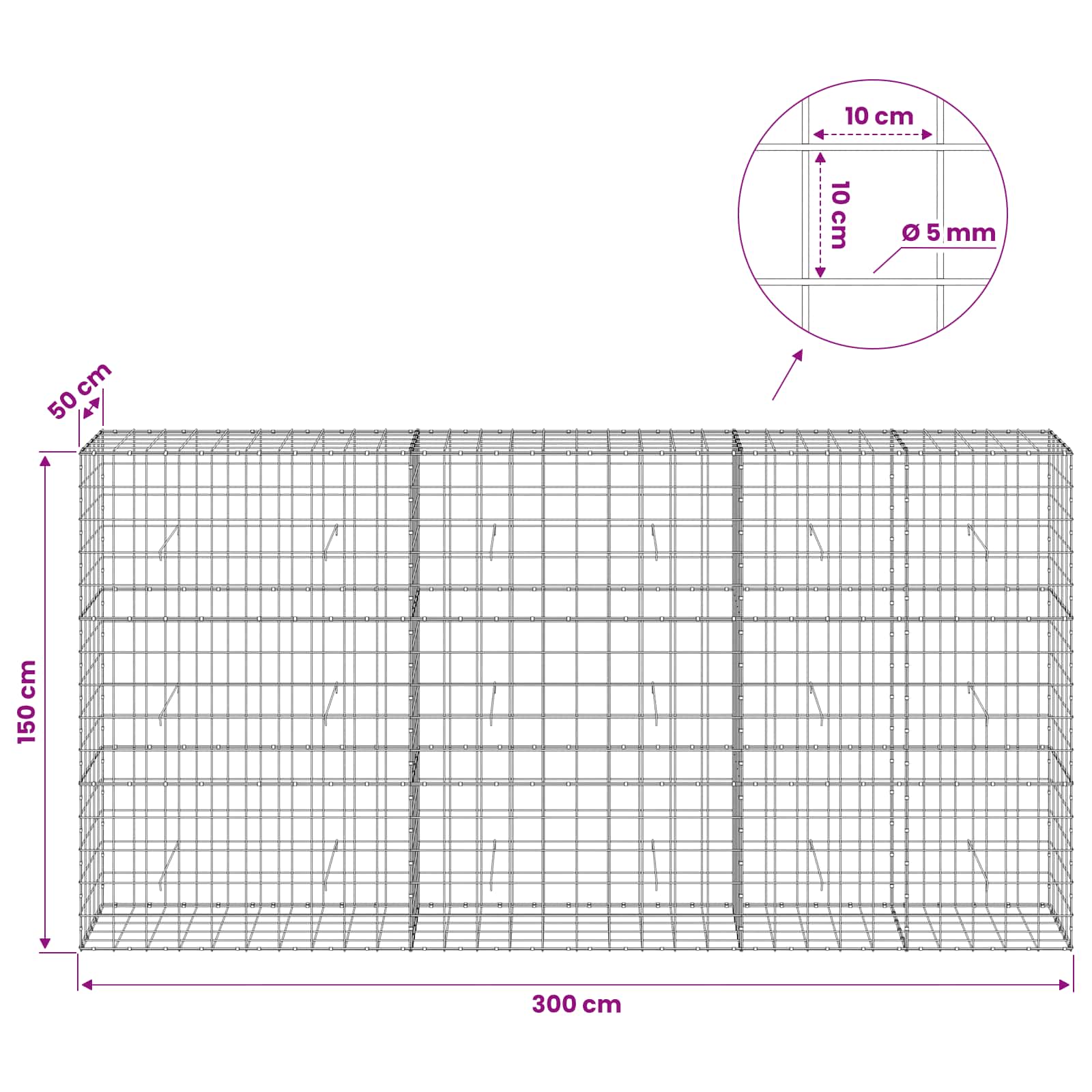 Gabion z žico 5 mm in mrežo 10x10 cm 300x50x150 cm