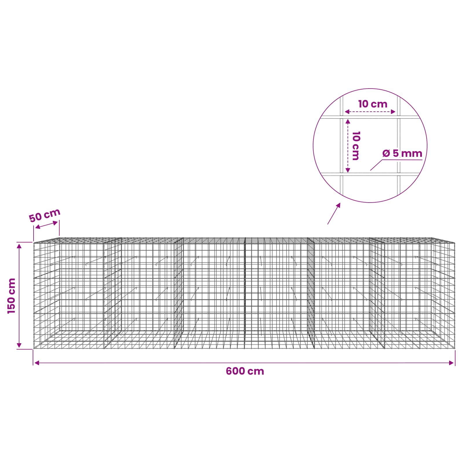 Gabion z žico 5 mm in mrežo 10x10 cm 600x50x150 cm