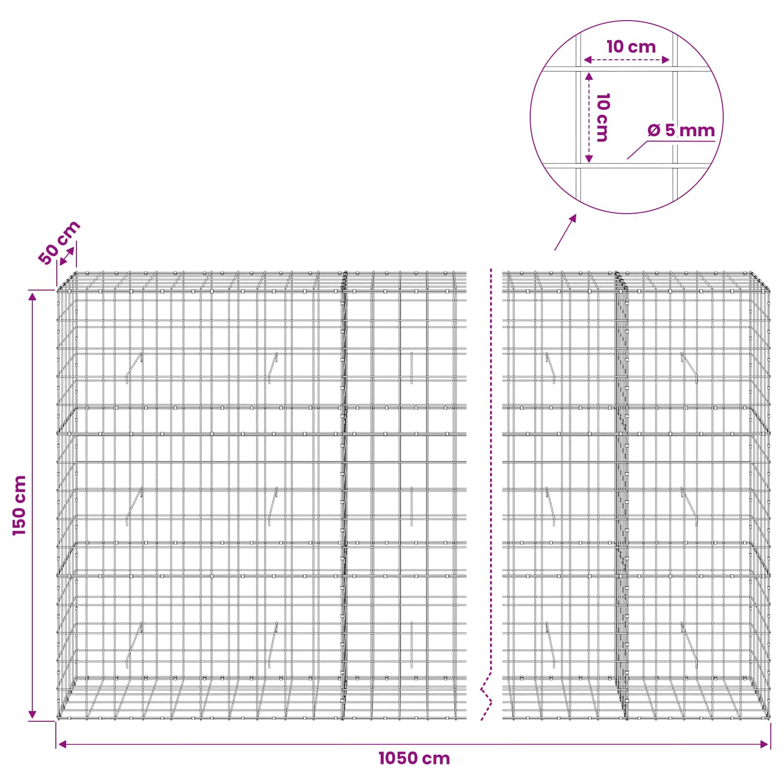 Gabion z žico 5 mm in mrežo 10x10 cm 1050x50x150 cm