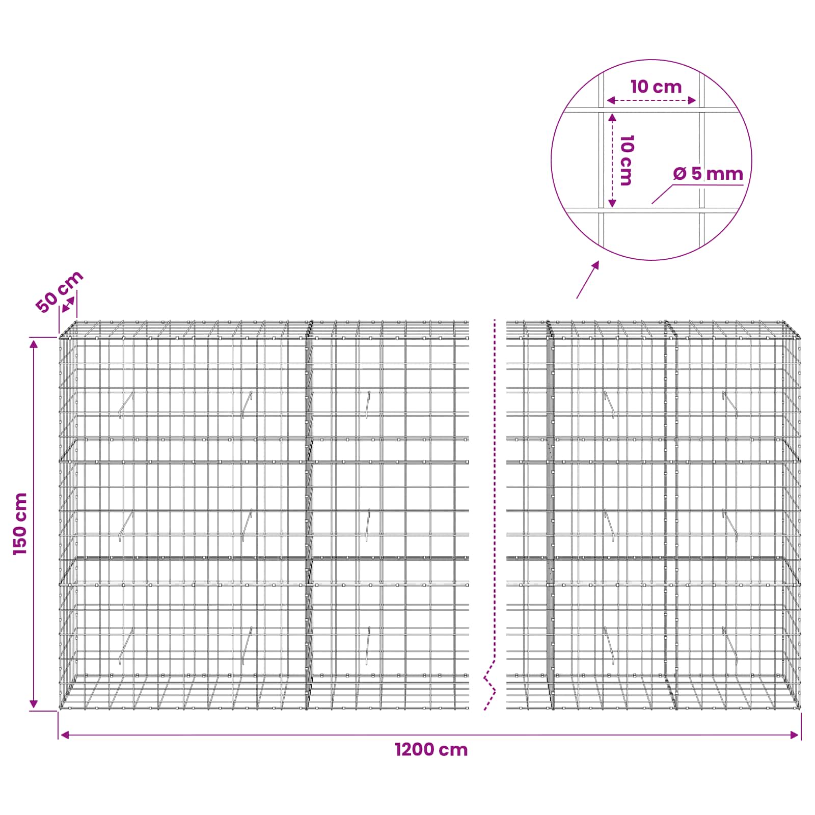 Gabion z žico 5 mm in mrežo 10x10 cm 1200x50x150 cm