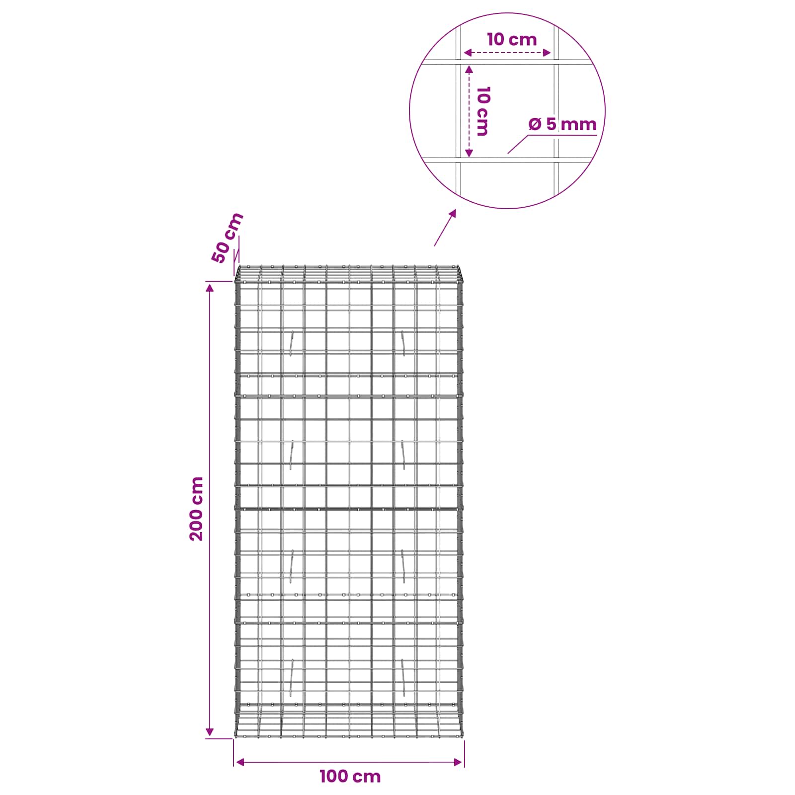 Gabion z žico 5 mm in mrežo 10x10 cm 100x50x200 cm