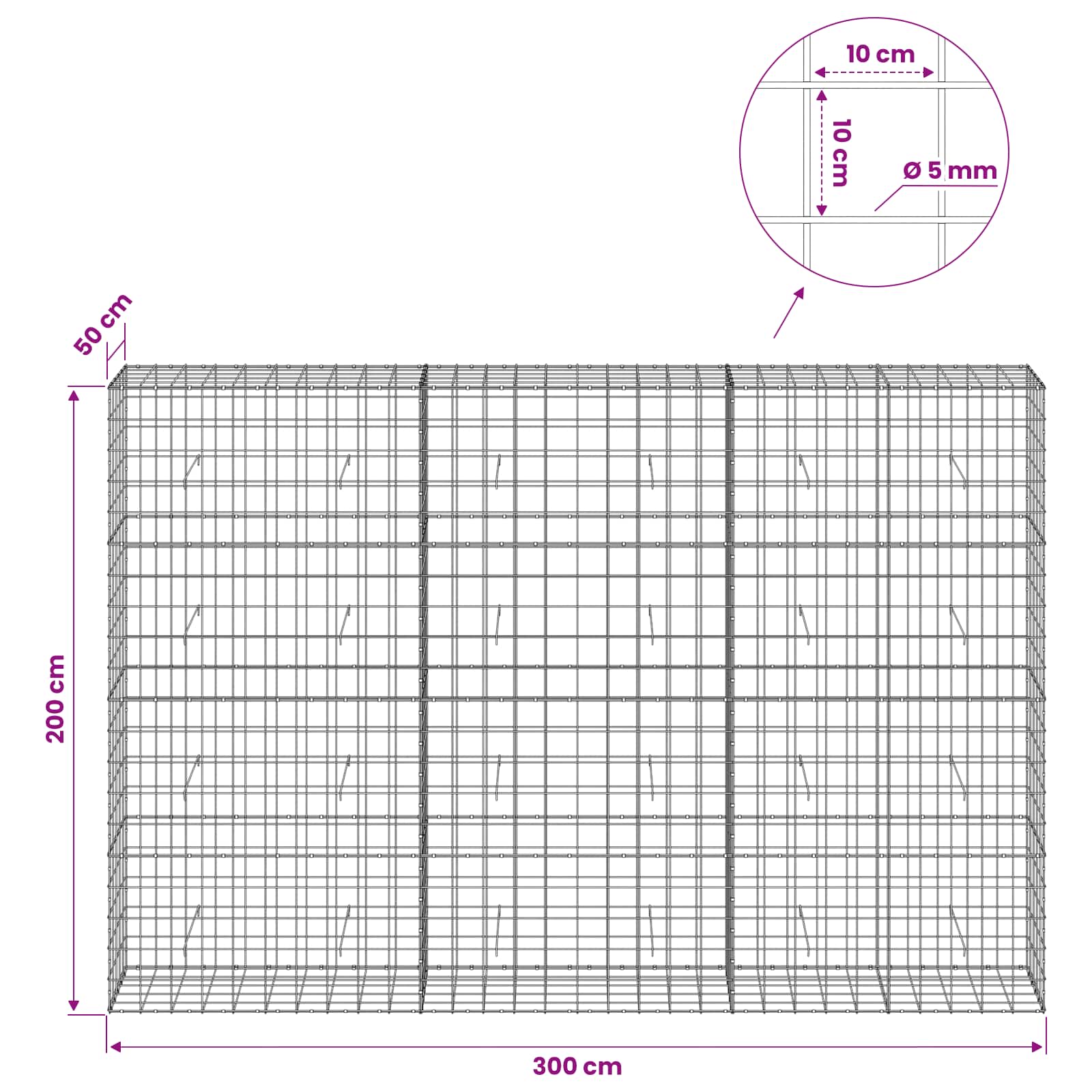 Gabion z žico 5 mm in mrežo 10x10 cm 300x50x200 cm