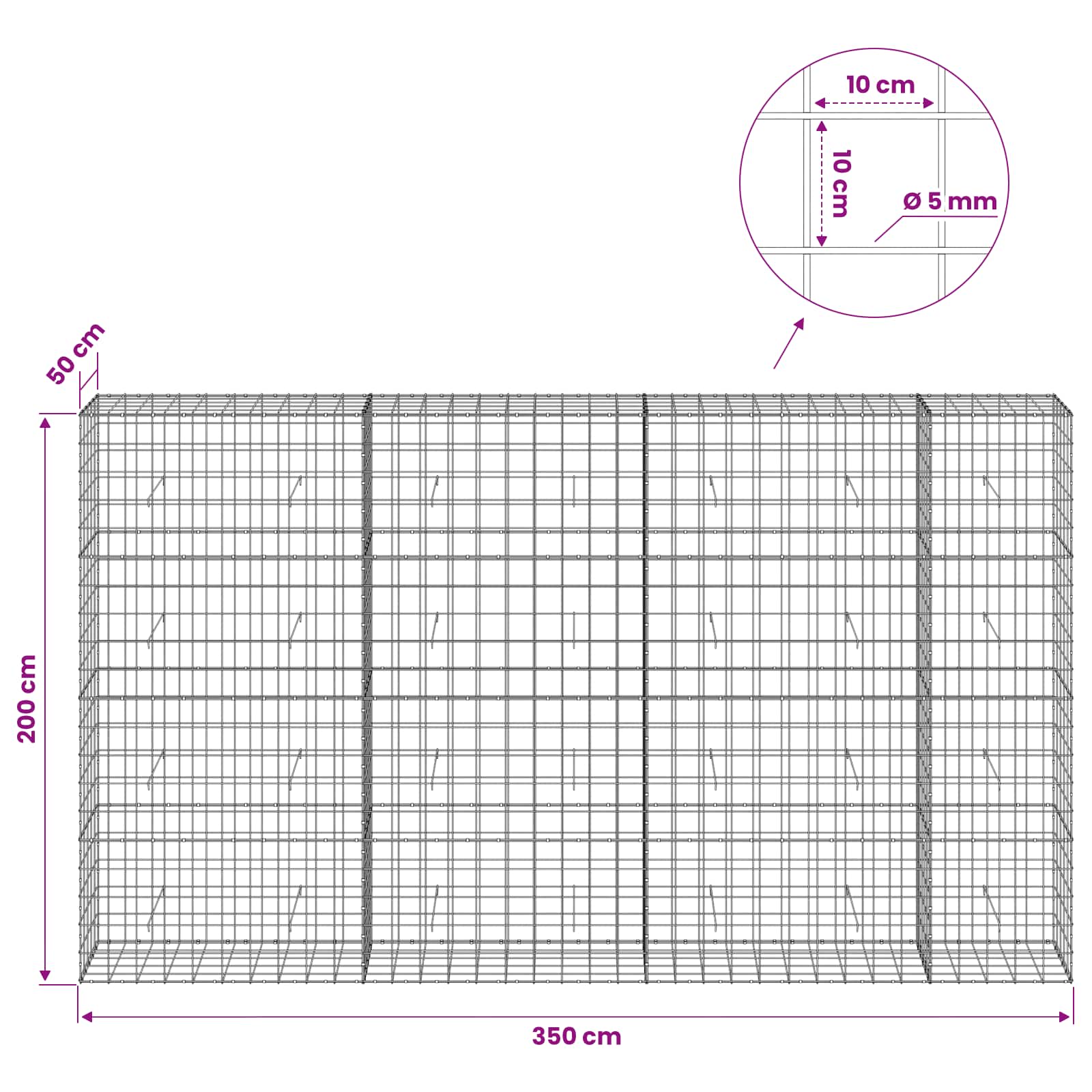 Gabion z žico 5 mm in mrežo 10x10 cm 350x50x200 cm