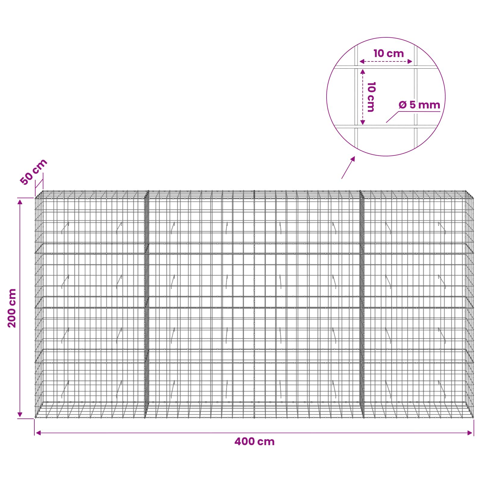 Gabion z žico 5 mm in mrežo 10x10 cm 400x50x200 cm