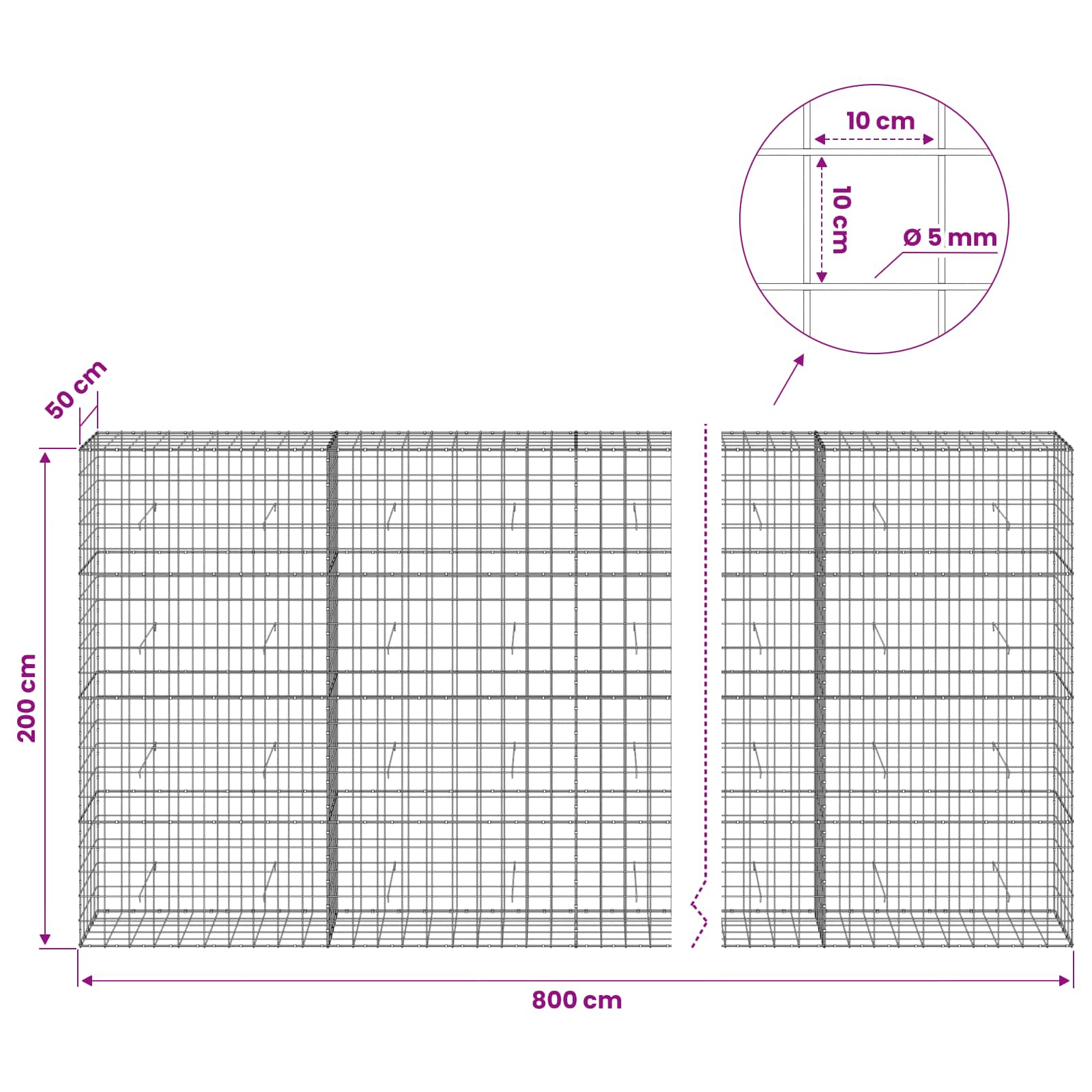 Gabion z žico 5 mm in mrežo 10x10 cm 800x50x200 cm