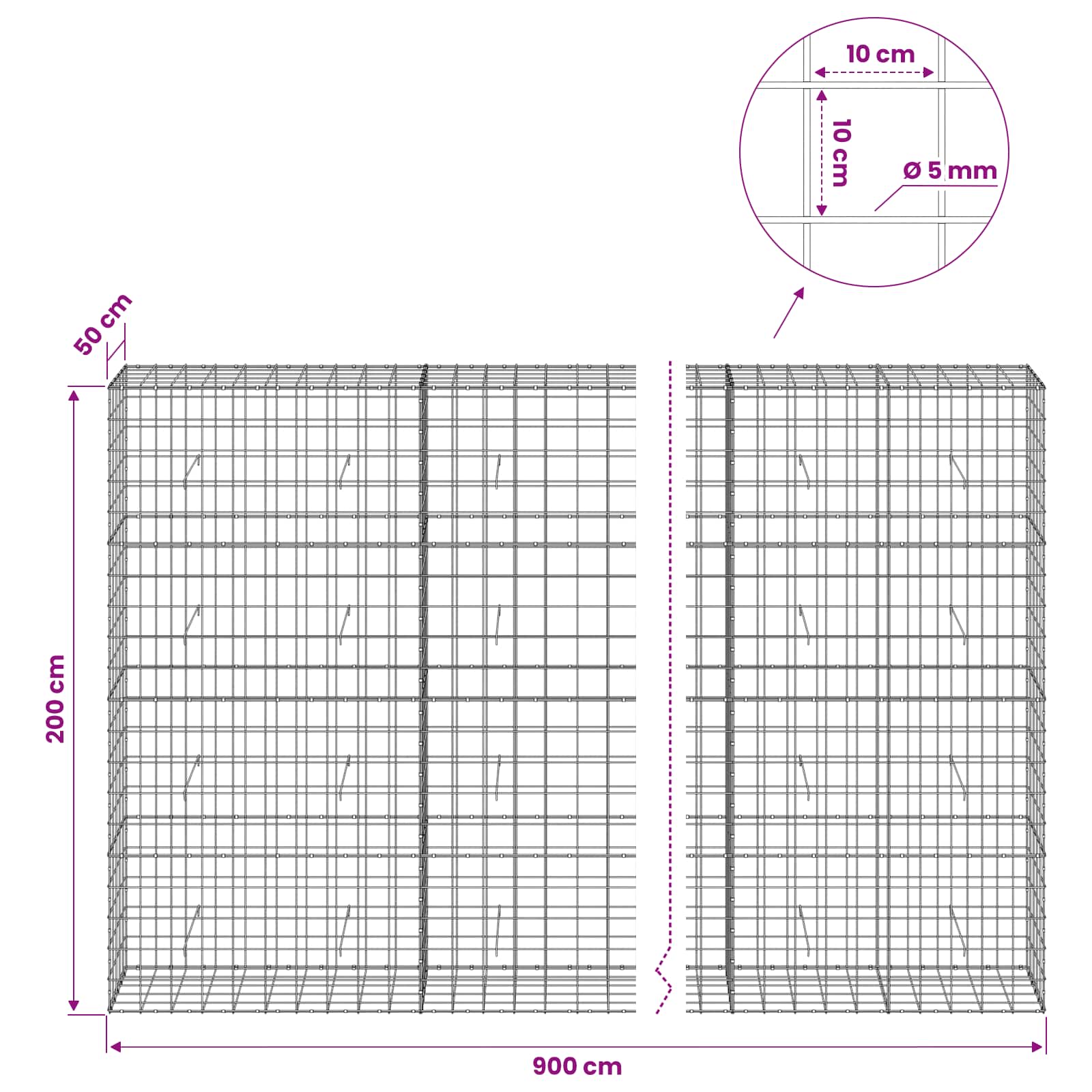 Gabion z žico 5 mm in mrežo 10x10 cm 900x50x200 cm