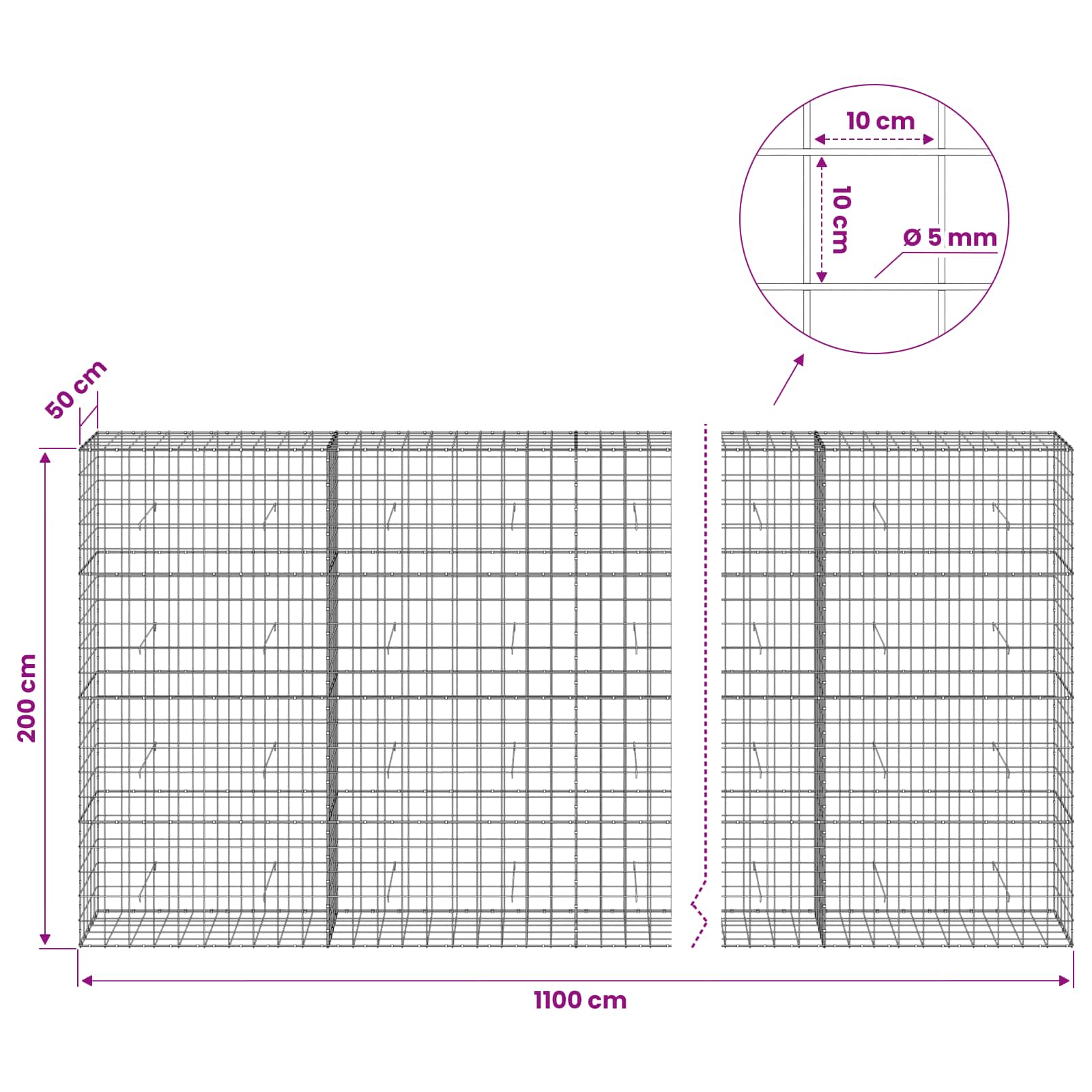Gabion z žico 5 mm in mrežo 10x10 cm 1100x50x200 cm