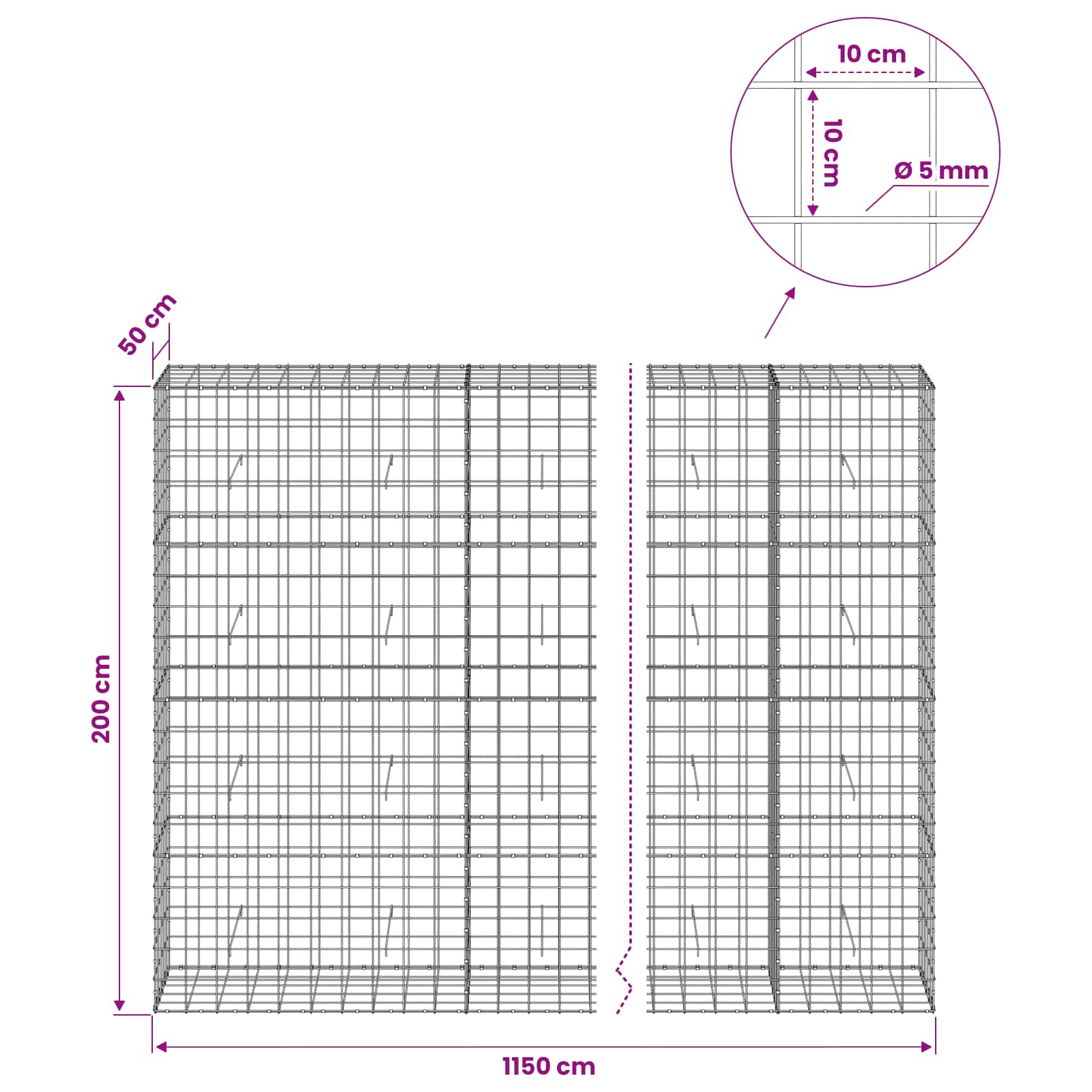 Gabion z žico 5 mm in mrežo 10x10 cm 1150x50x200 cm