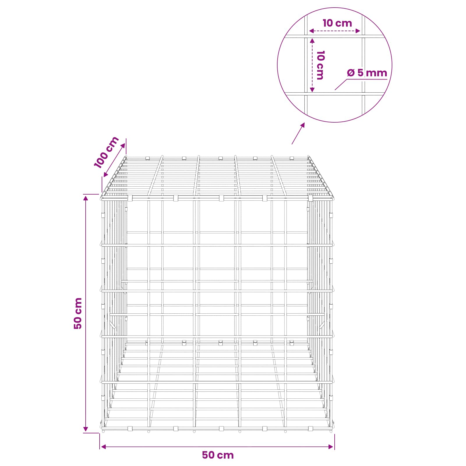 Gabion z žico 5 mm in mrežo 10x10 cm 50x100x50 cm