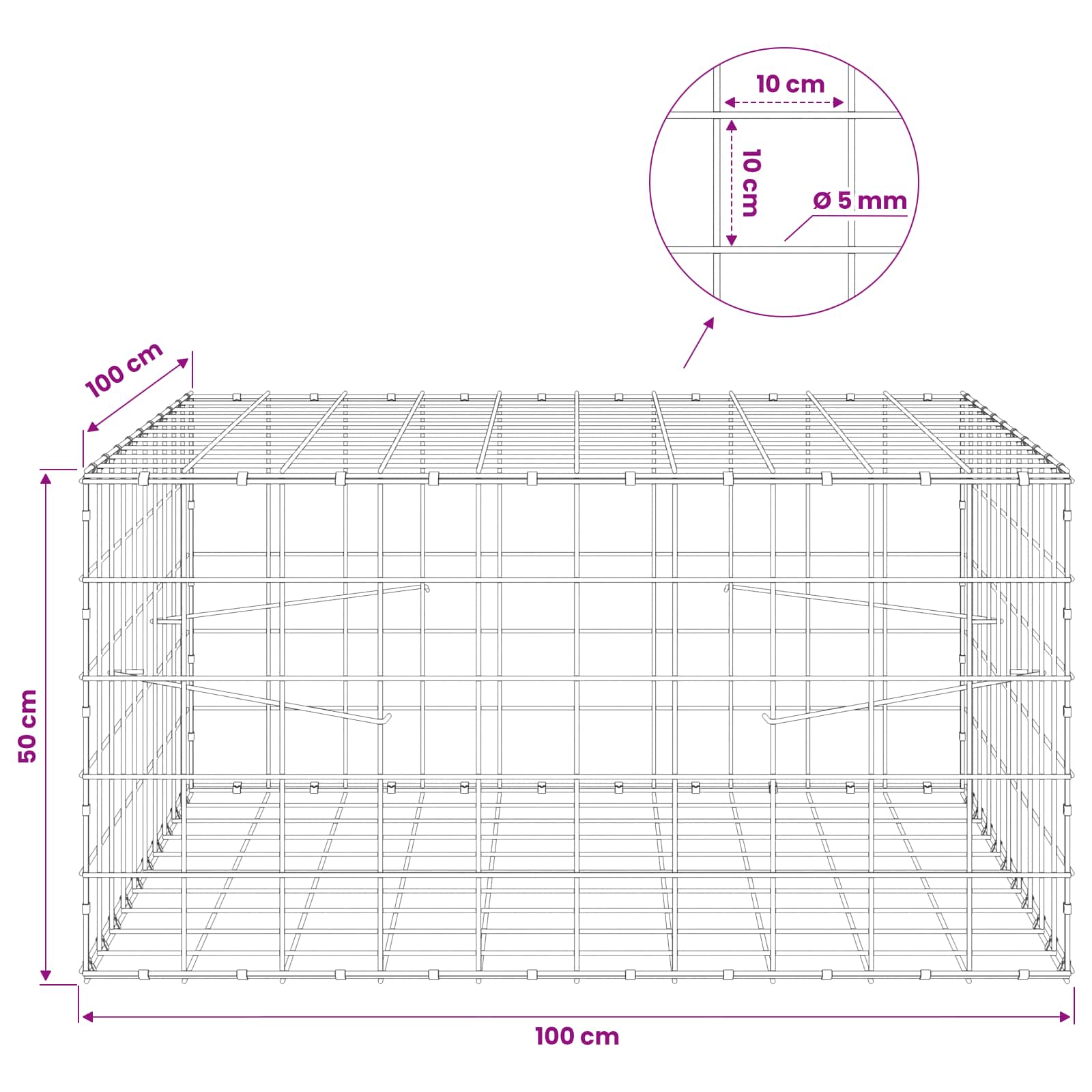 Gabion z žico 5 mm in mrežo 10x10 cm 100x100x50 cm