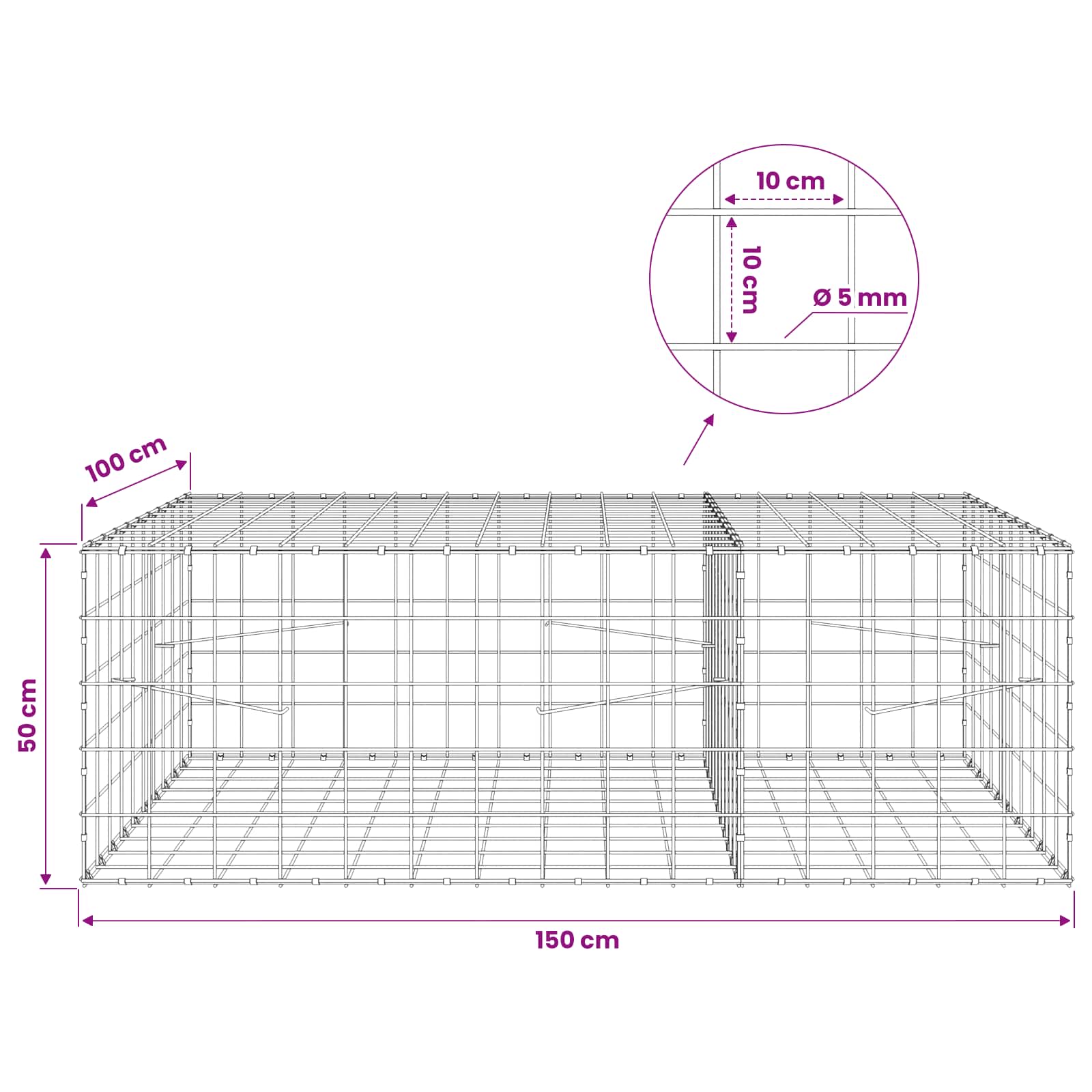 Gabion z žico 5 mm in mrežo 10x10 cm 150x100x50 cm