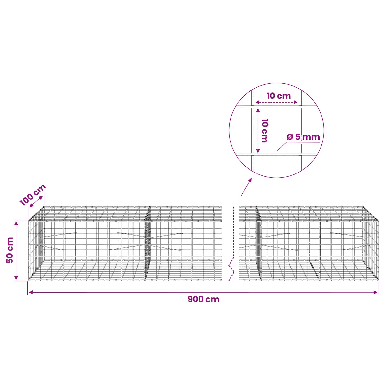 Gabion z žico 5 mm in mrežo 10x10 cm 900x100x50 cm