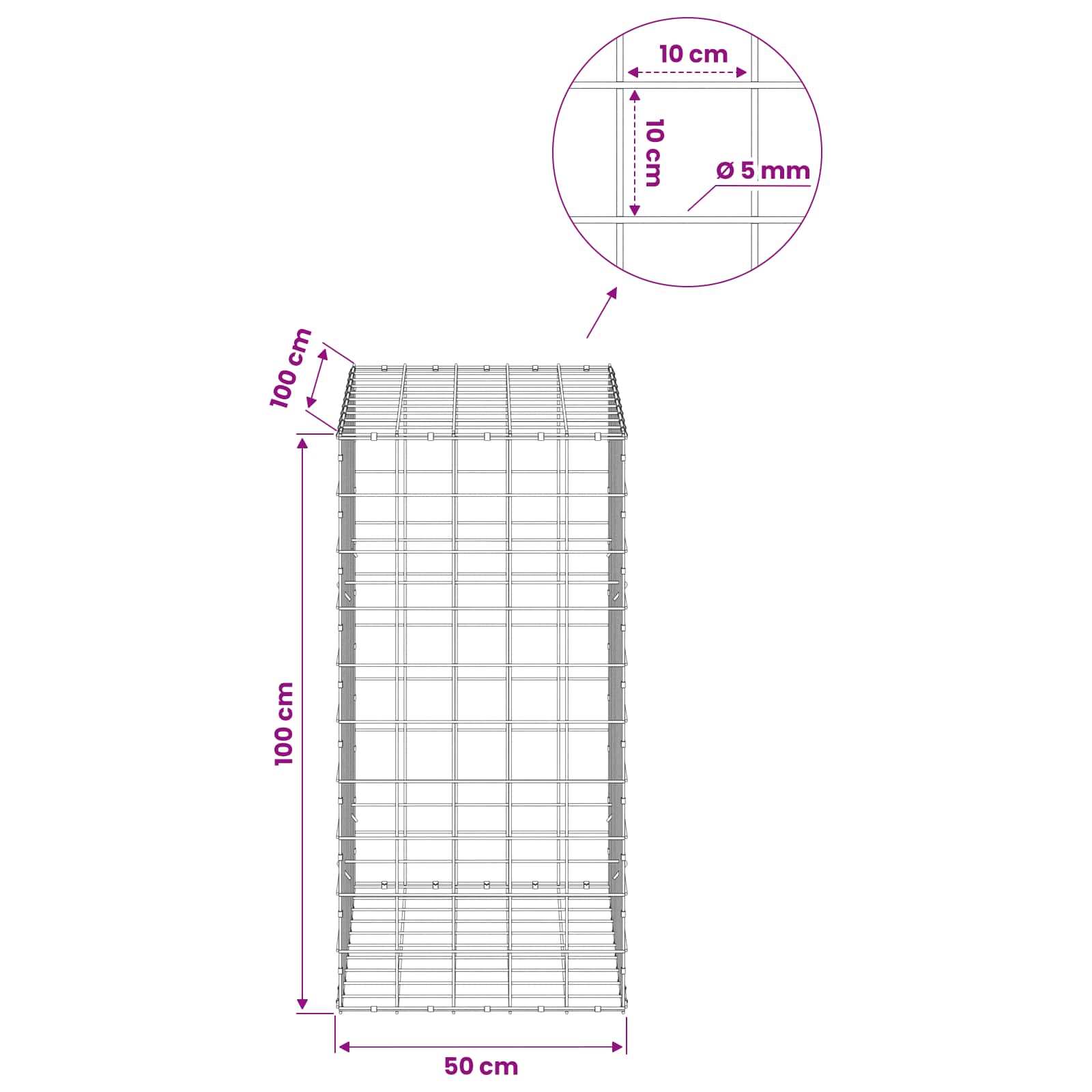 Gabion z žico 5 mm in mrežo 10x10 cm 50x100x100 cm