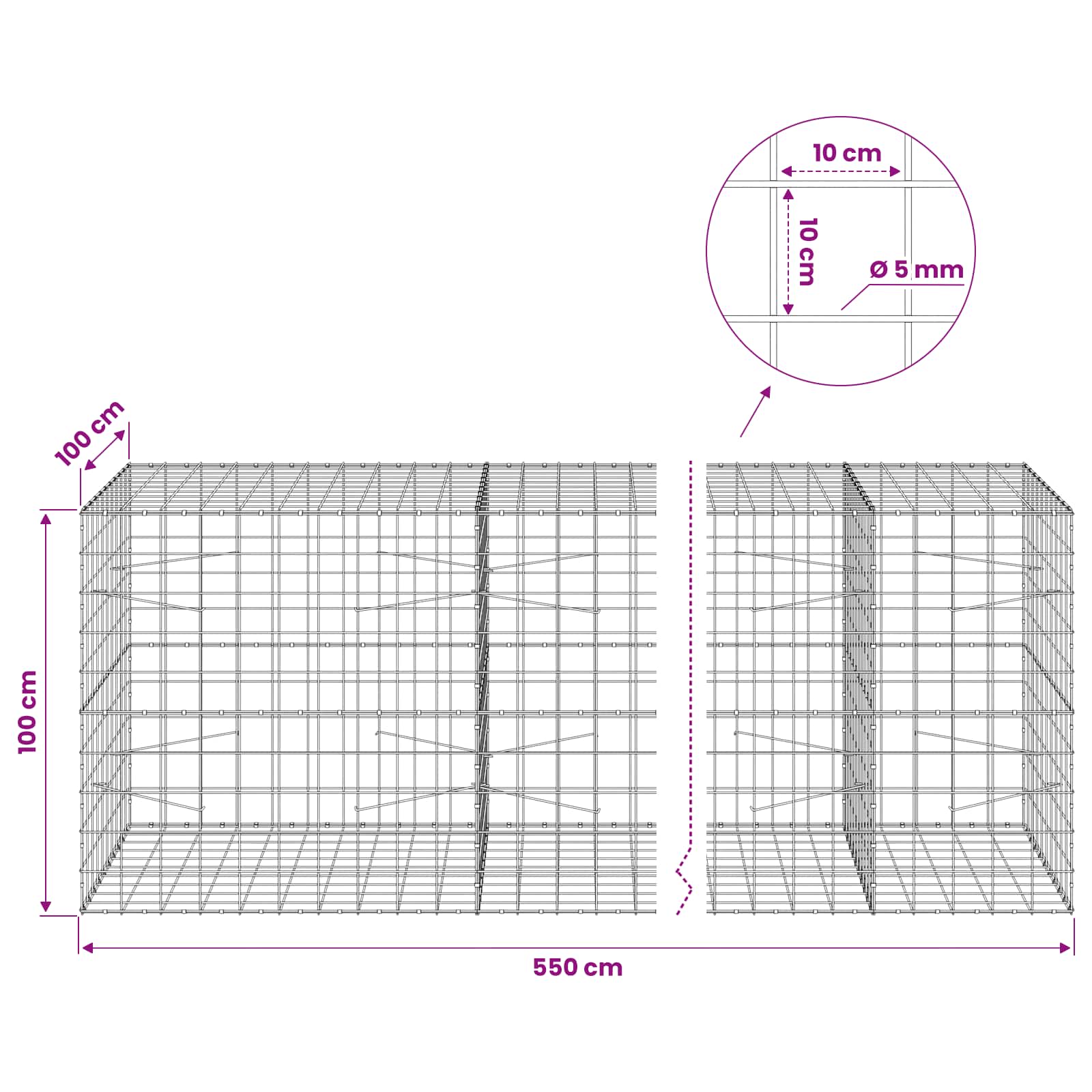 Gabion z žico 5 mm in mrežo 10x10 cm 550x100x100 cm