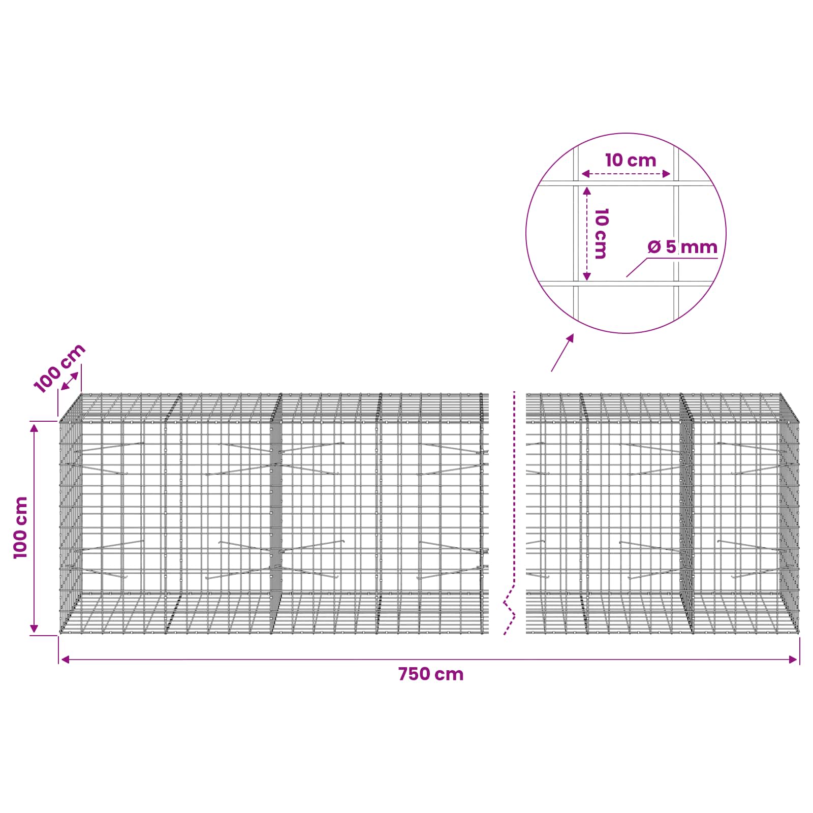 Gabion z žico 5 mm in mrežo 10x10 cm 750x100x100 cm