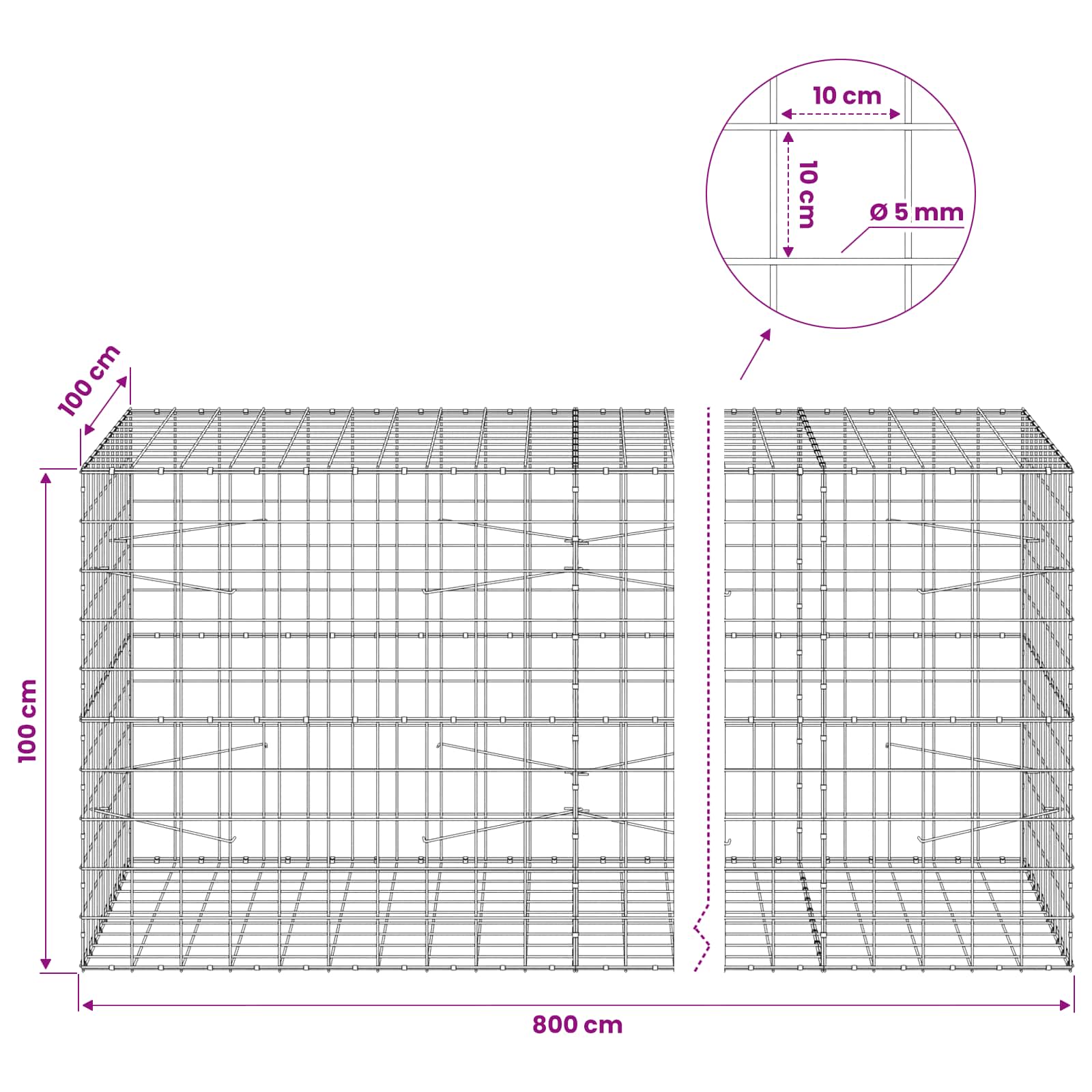 Gabion z žico 5 mm in mrežo 10x10 cm 800x100x100 cm