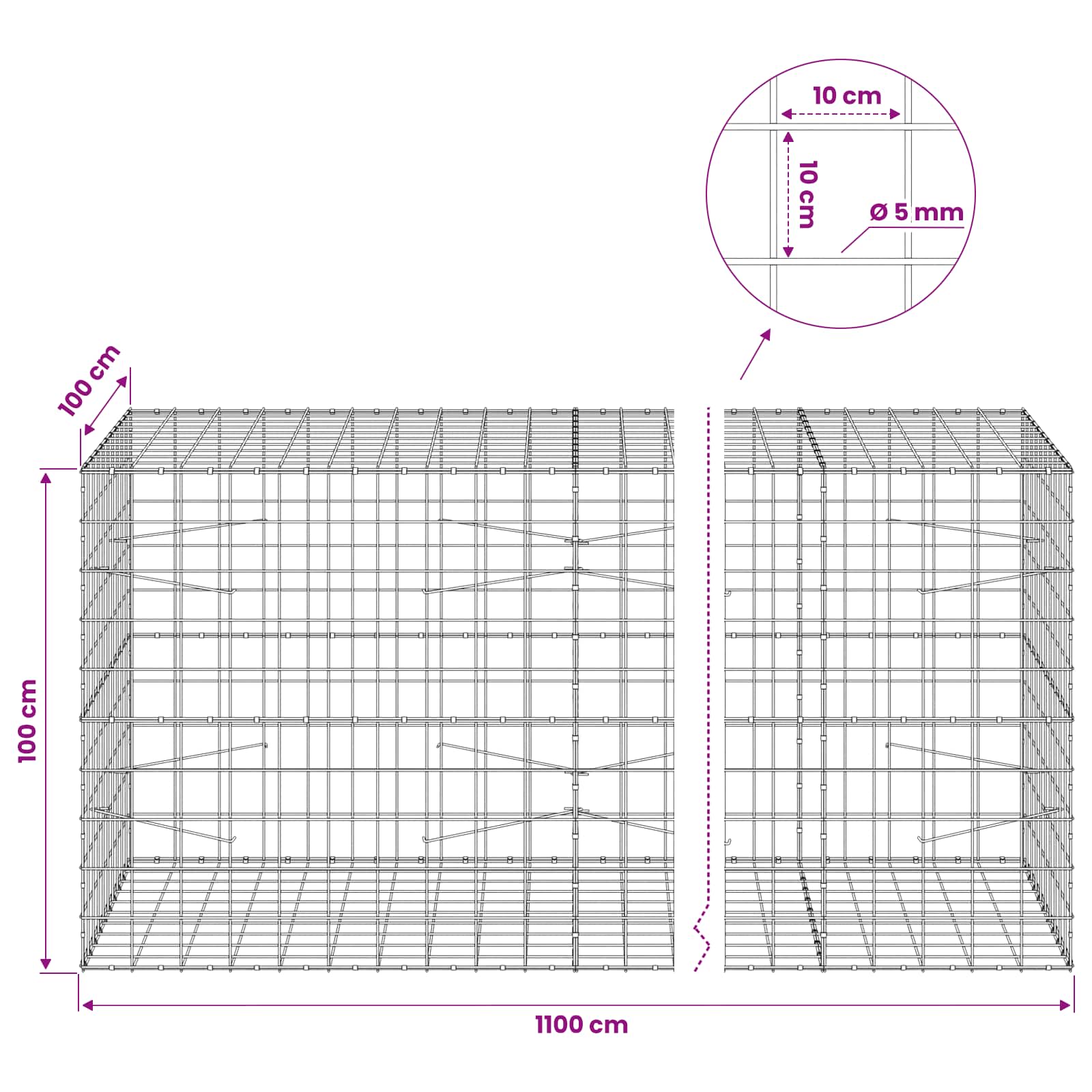 Gabion z žico 5 mm in mrežo 10x10 cm 1100x100x100 cm