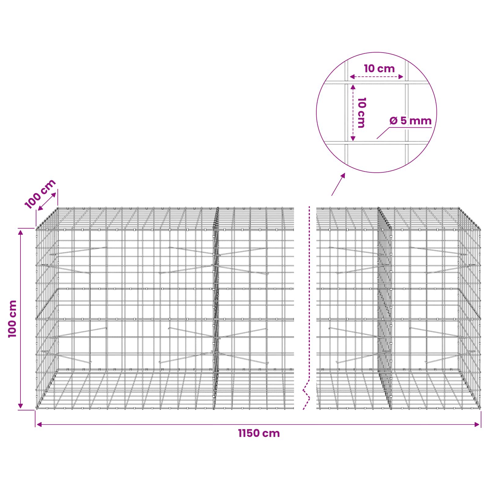 Gabion z žico 5 mm in mrežo 10x10 cm 1150x100x100 cm