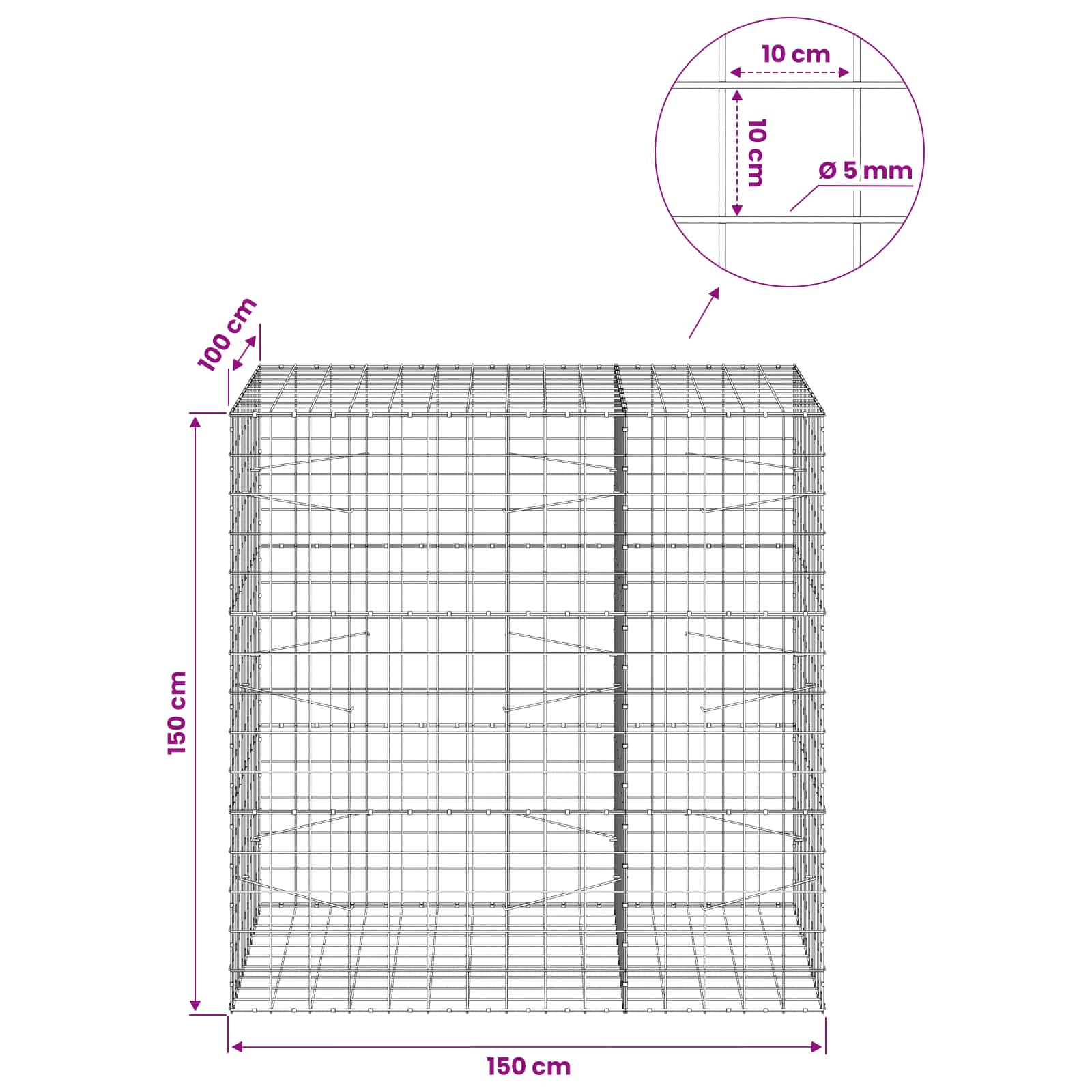 Gabion z žico 5 mm in mrežo 10x10 cm 150x100x150 cm