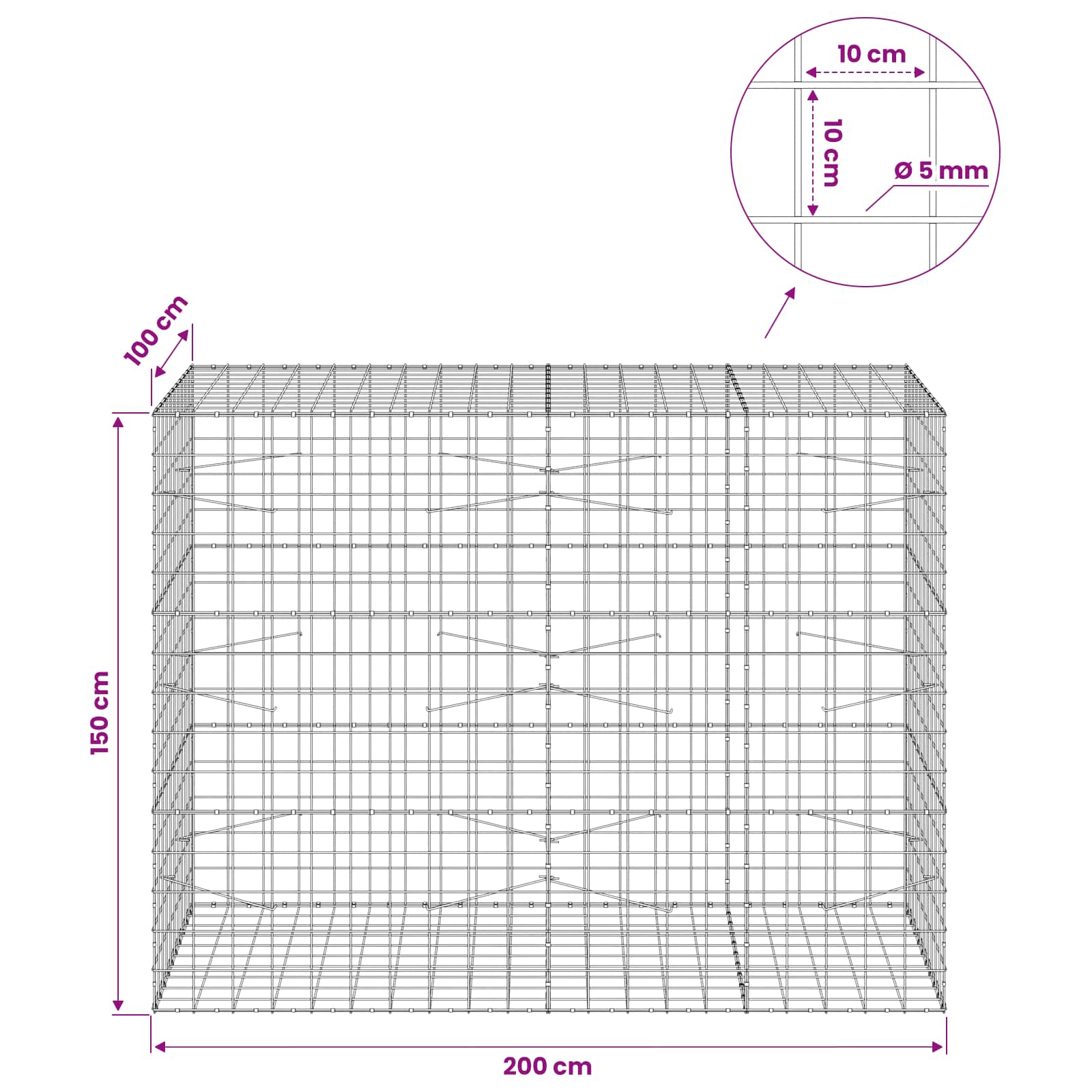 Gabion z žico 5 mm in mrežo 10x10 cm 200x100x150 cm