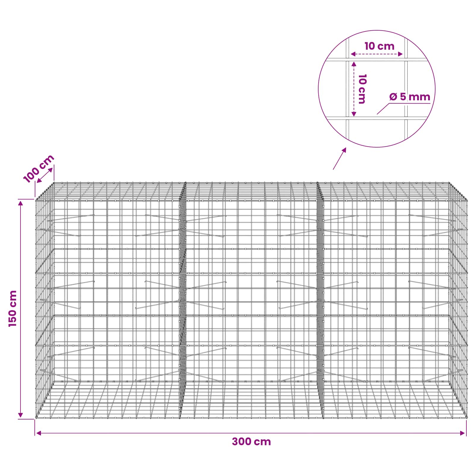 Gabion z žico 5 mm in mrežo 10x10 cm 300x100x150 cm