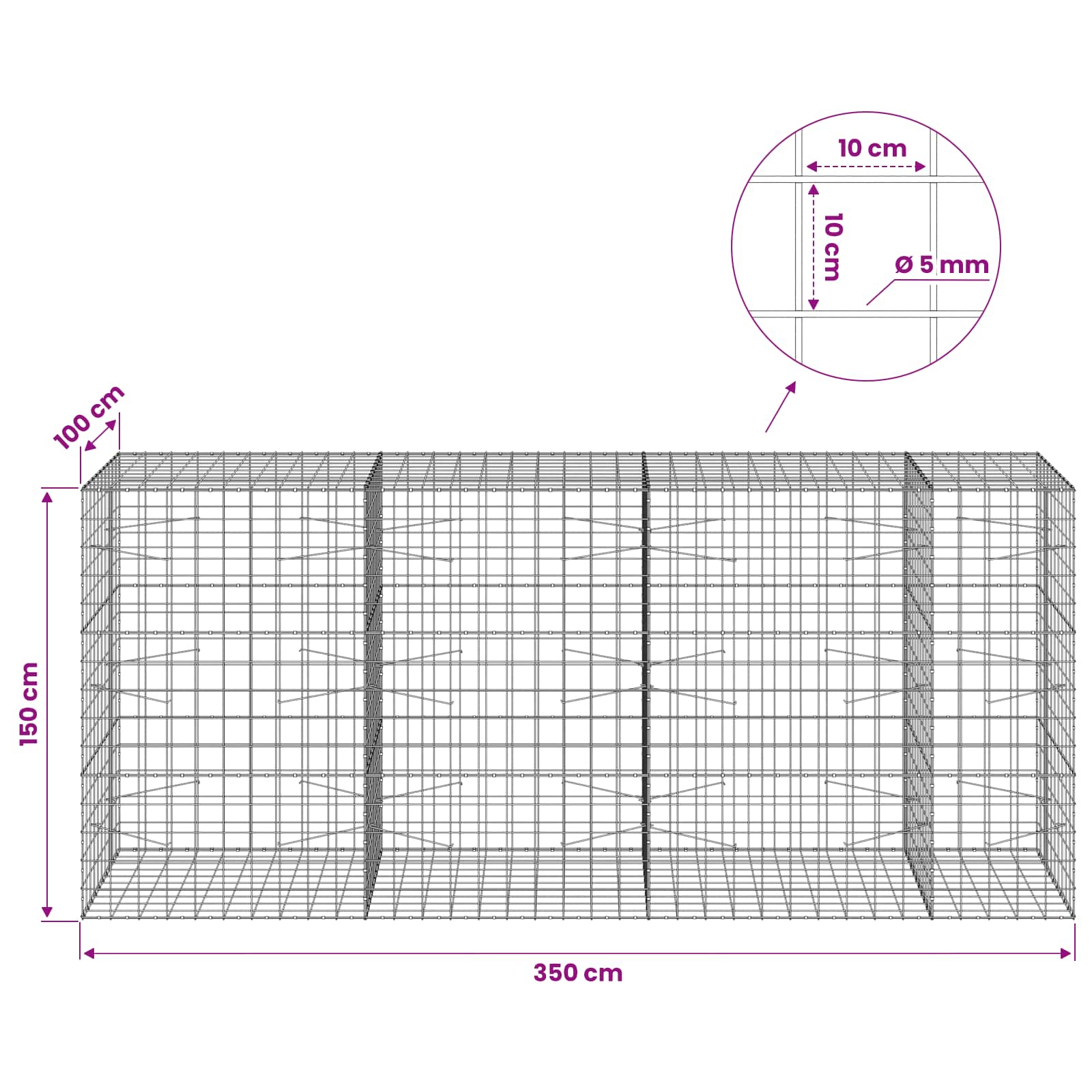 Gabion z žico 5 mm in mrežo 10x10 cm 350x100x150 cm