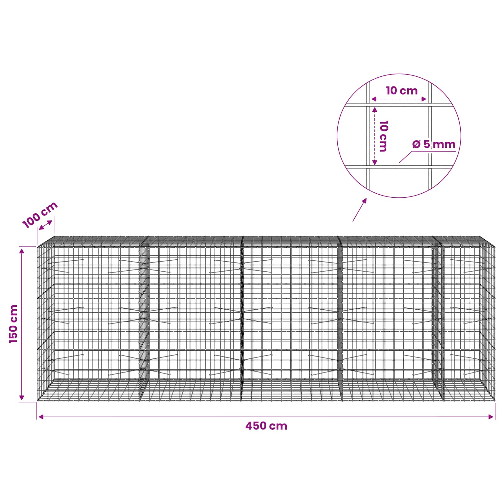 Gabion z žico 5 mm in mrežo 10x10 cm 450x100x150 cm
