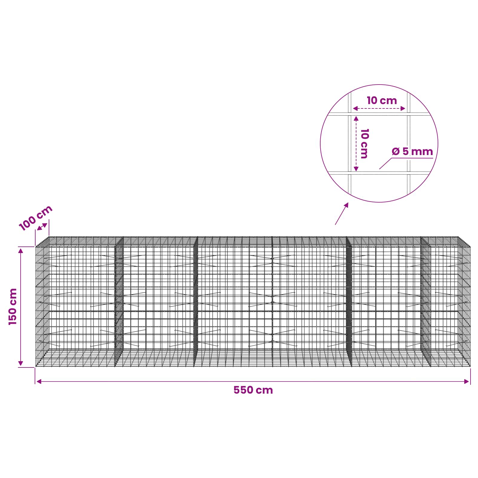 Gabion z žico 5 mm in mrežo 10x10 cm 550x100x150 cm