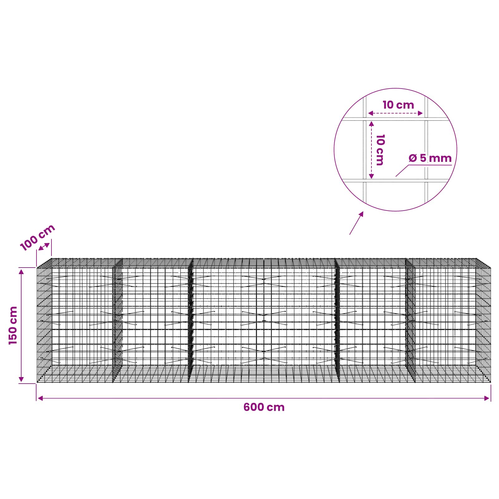 Gabion z žico 5 mm in mrežo 10x10 cm 600x100x150 cm
