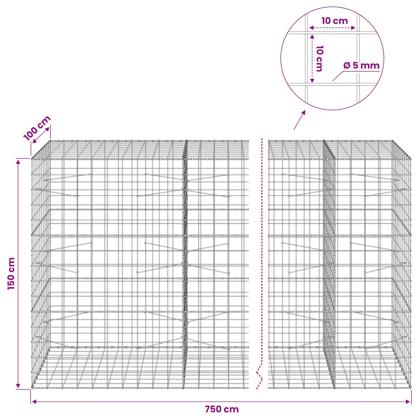 Gabion z žico 5 mm in mrežo 10x10 cm 750x100x150 cm