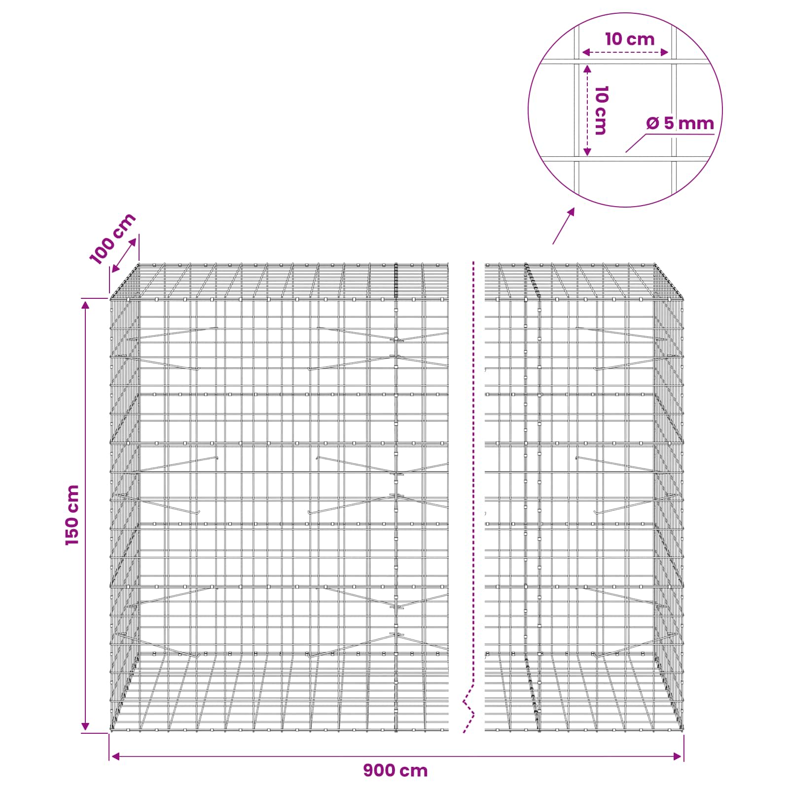 Gabion z žico 5 mm in mrežo 10x10 cm 900x100x150 cm