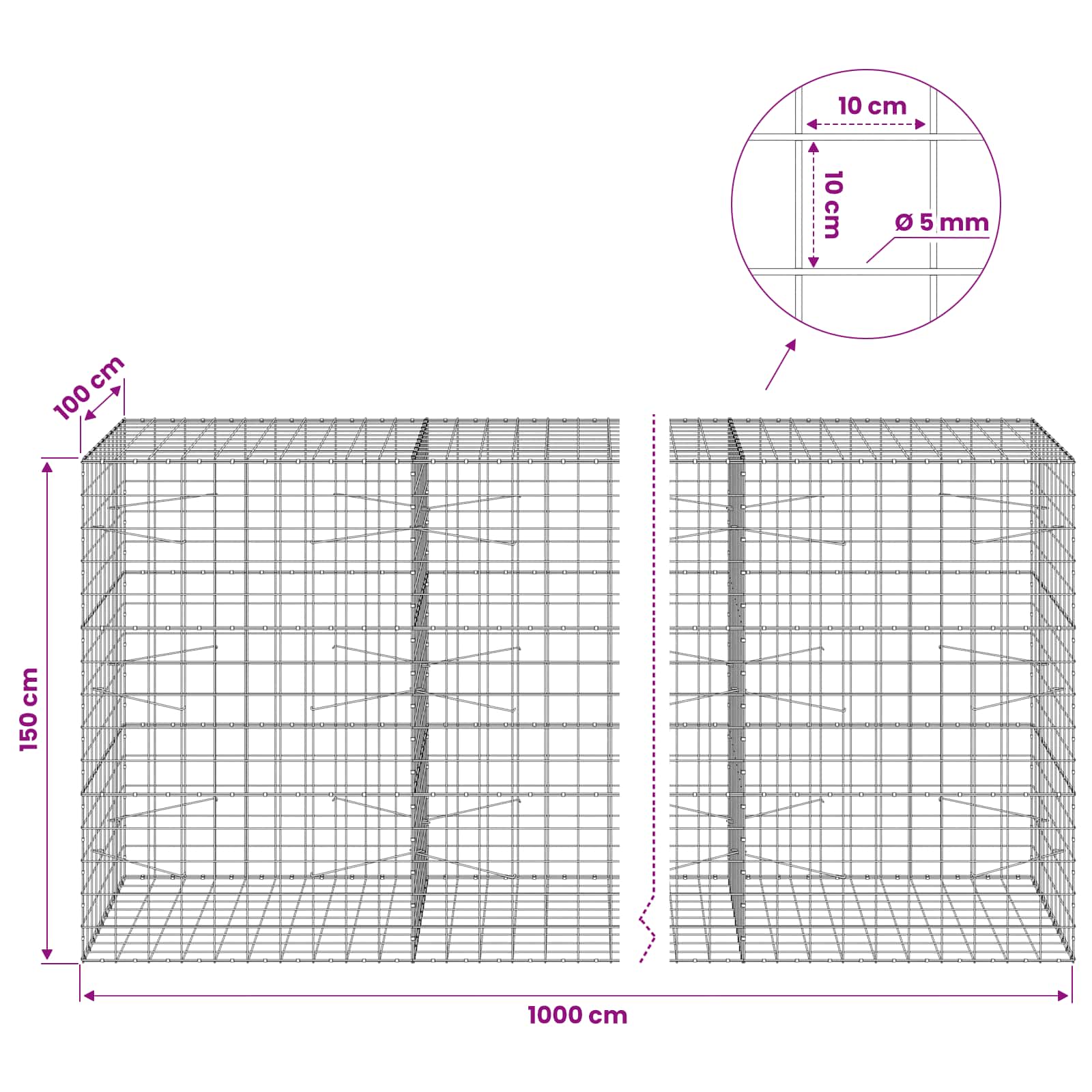 Gabion z žico 5 mm in mrežo 10x10 cm 1000x100x150 cm