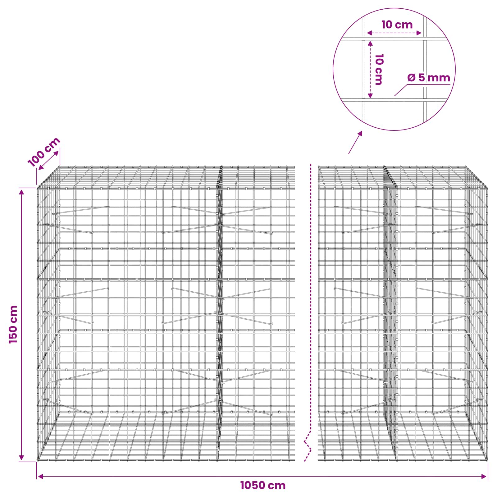 Gabion z žico 5 mm in mrežo 10x10 cm 1050x100x150 cm