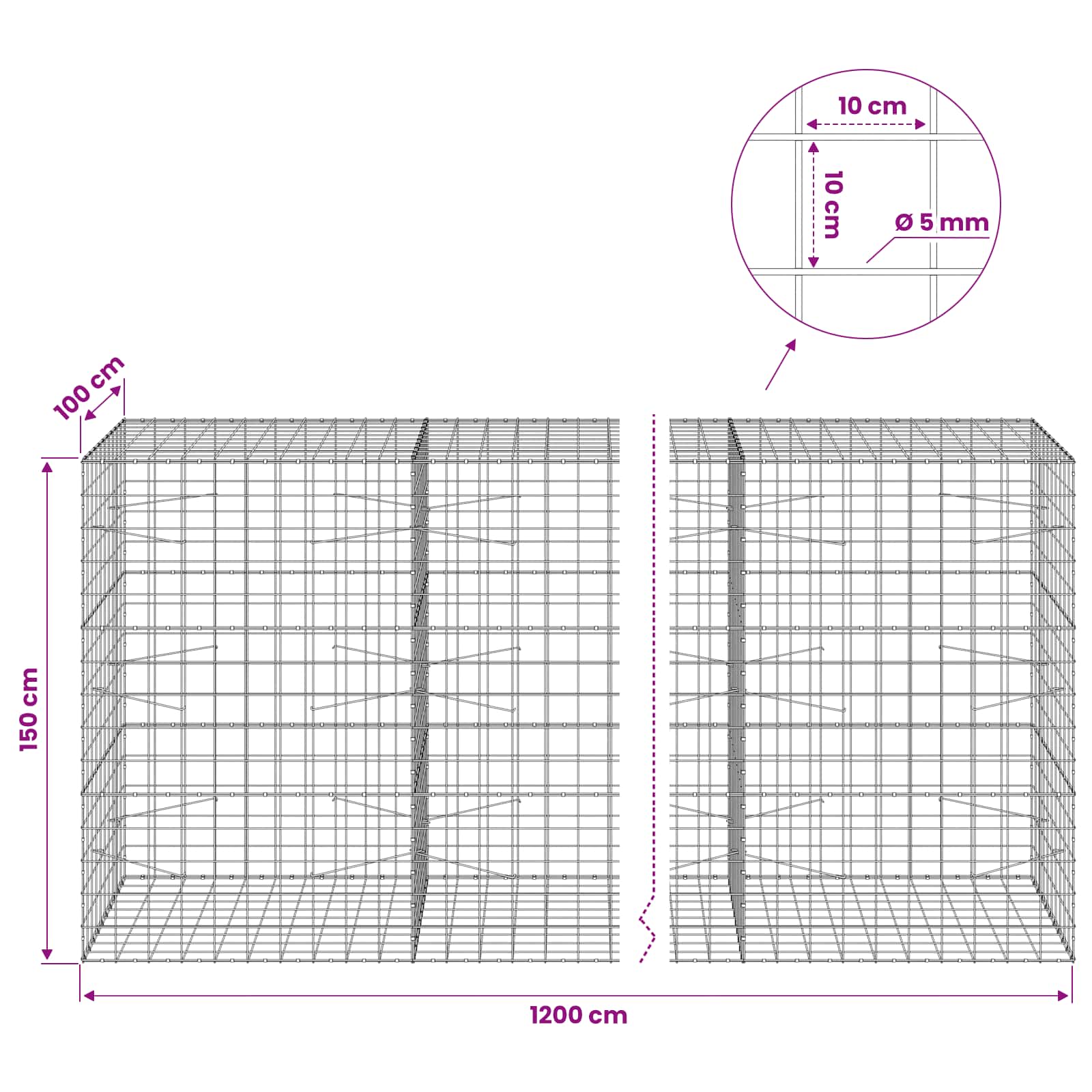 Gabion z žico 5 mm in mrežo 10x10 cm 1200x100x150 cm