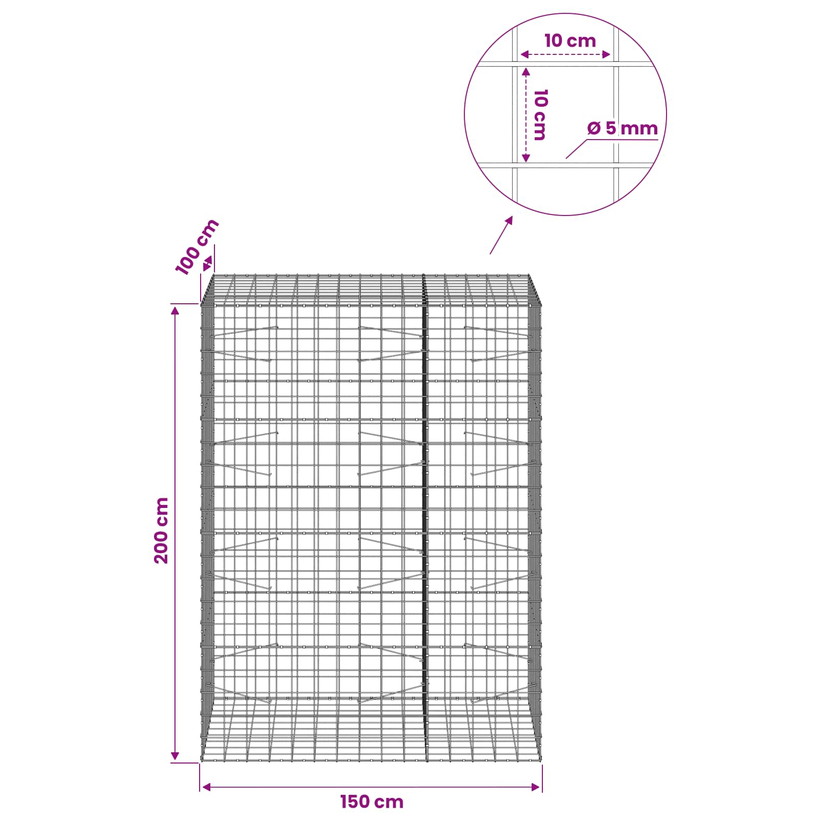 Gabion z žico 5 mm in mrežo 10x10 cm 150x100x200 cm