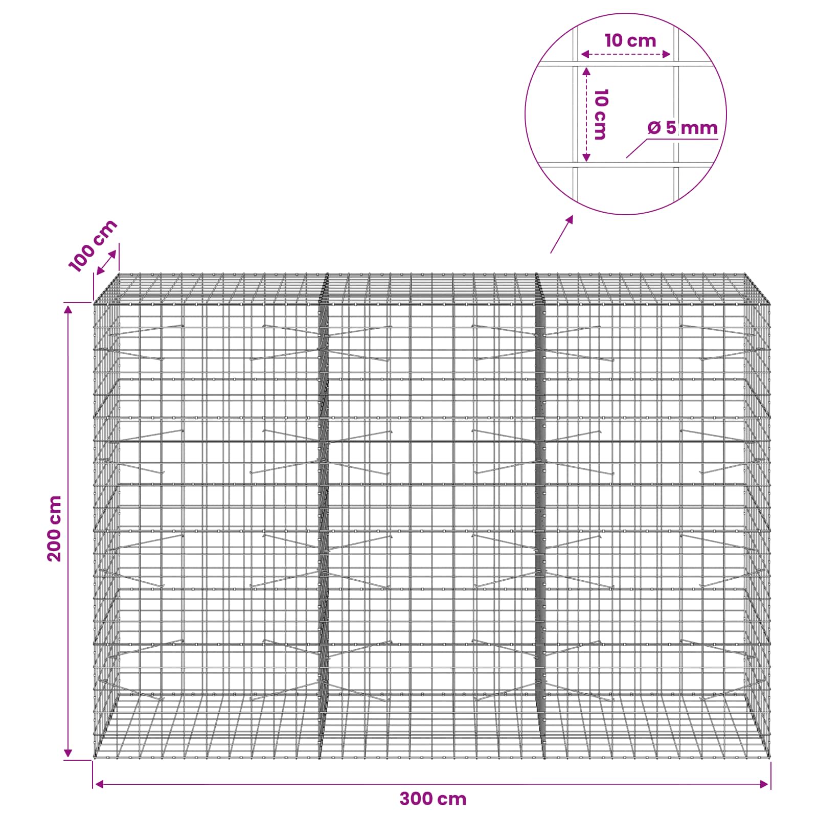 Gabion z žico 5 mm in mrežo 10x10 cm 300x100x200 cm