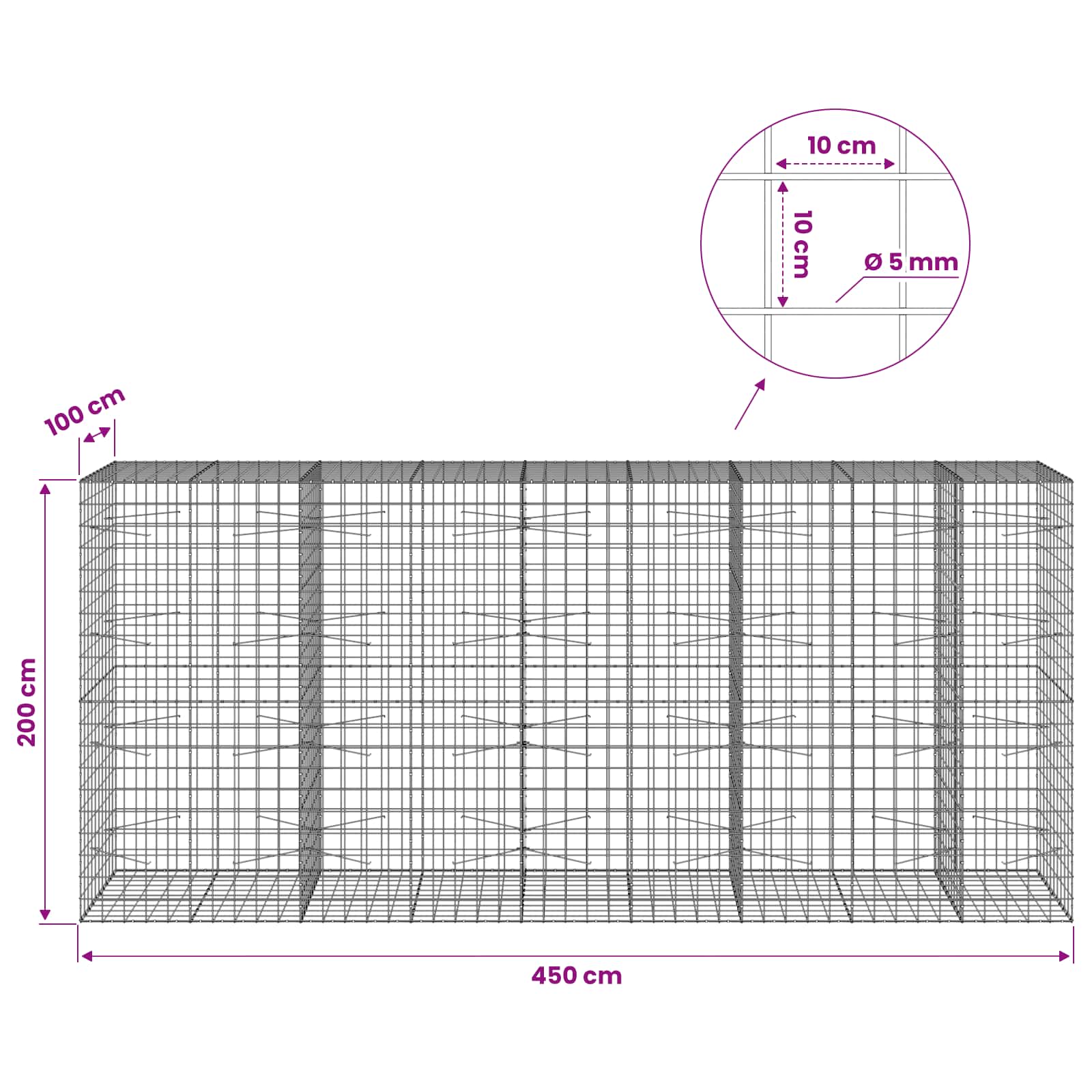 Gabion z žico 5 mm in mrežo 10x10 cm 450x100x200 cm
