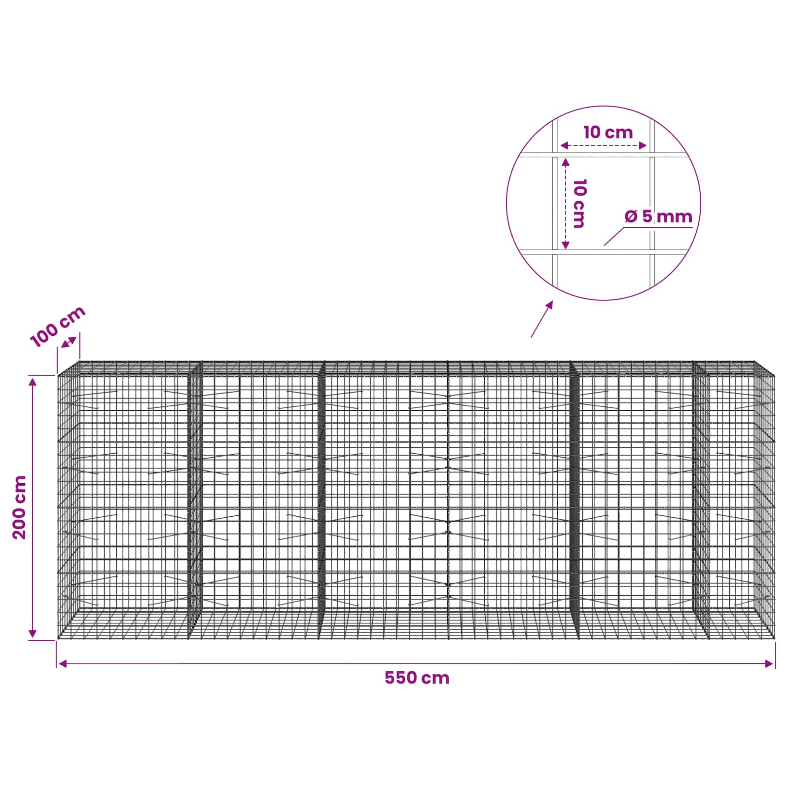 Gabion z žico 5 mm in mrežo 10x10 cm 550x100x200 cm