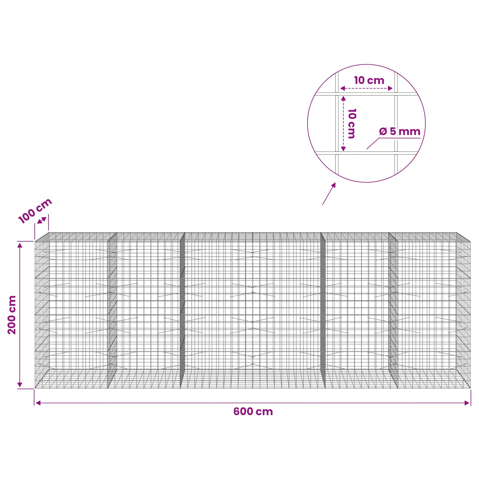 Gabion z žico 5 mm in mrežo 10x10 cm 600x100x200 cm
