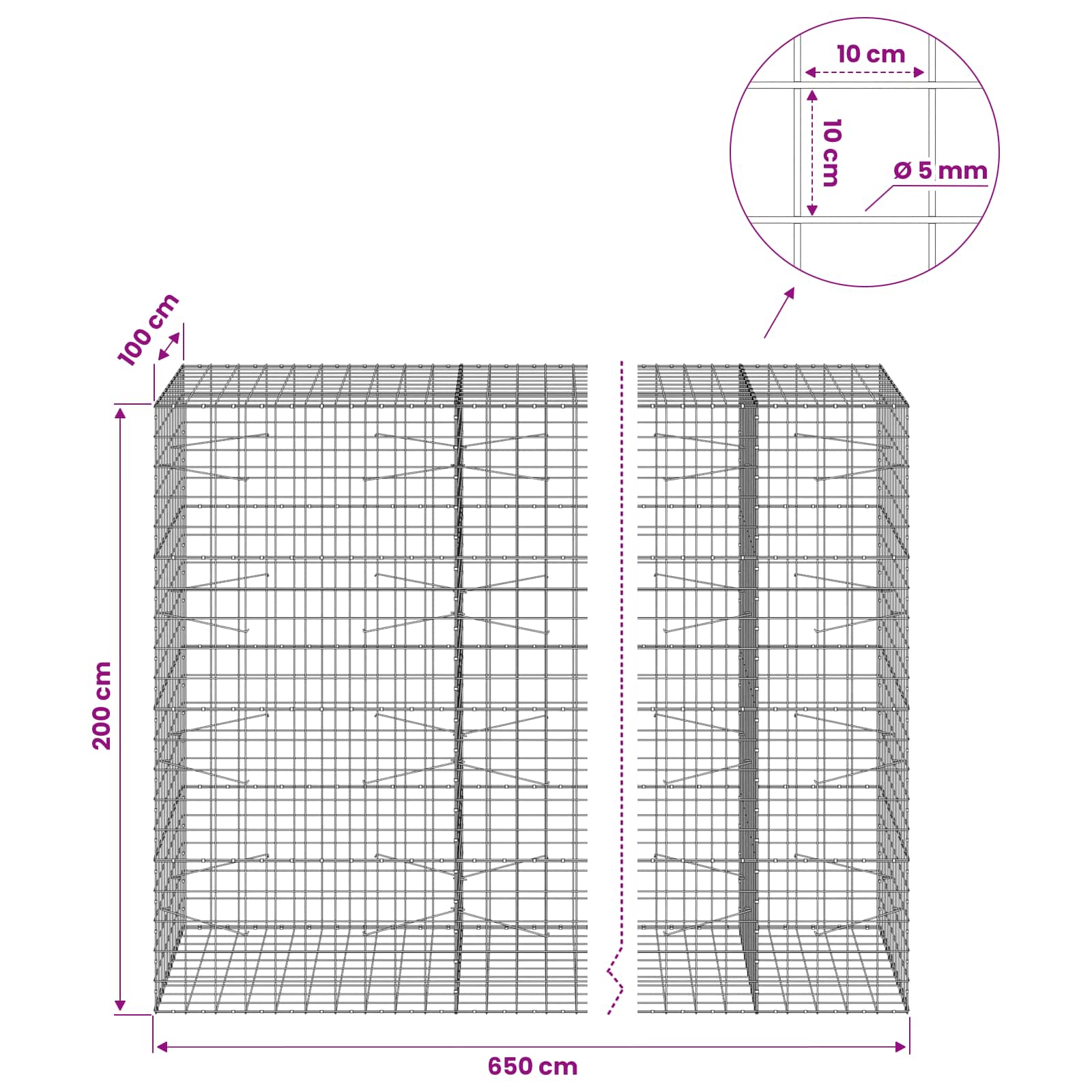 Gabion z žico 5 mm in mrežo 10x10 cm 650x100x200 cm