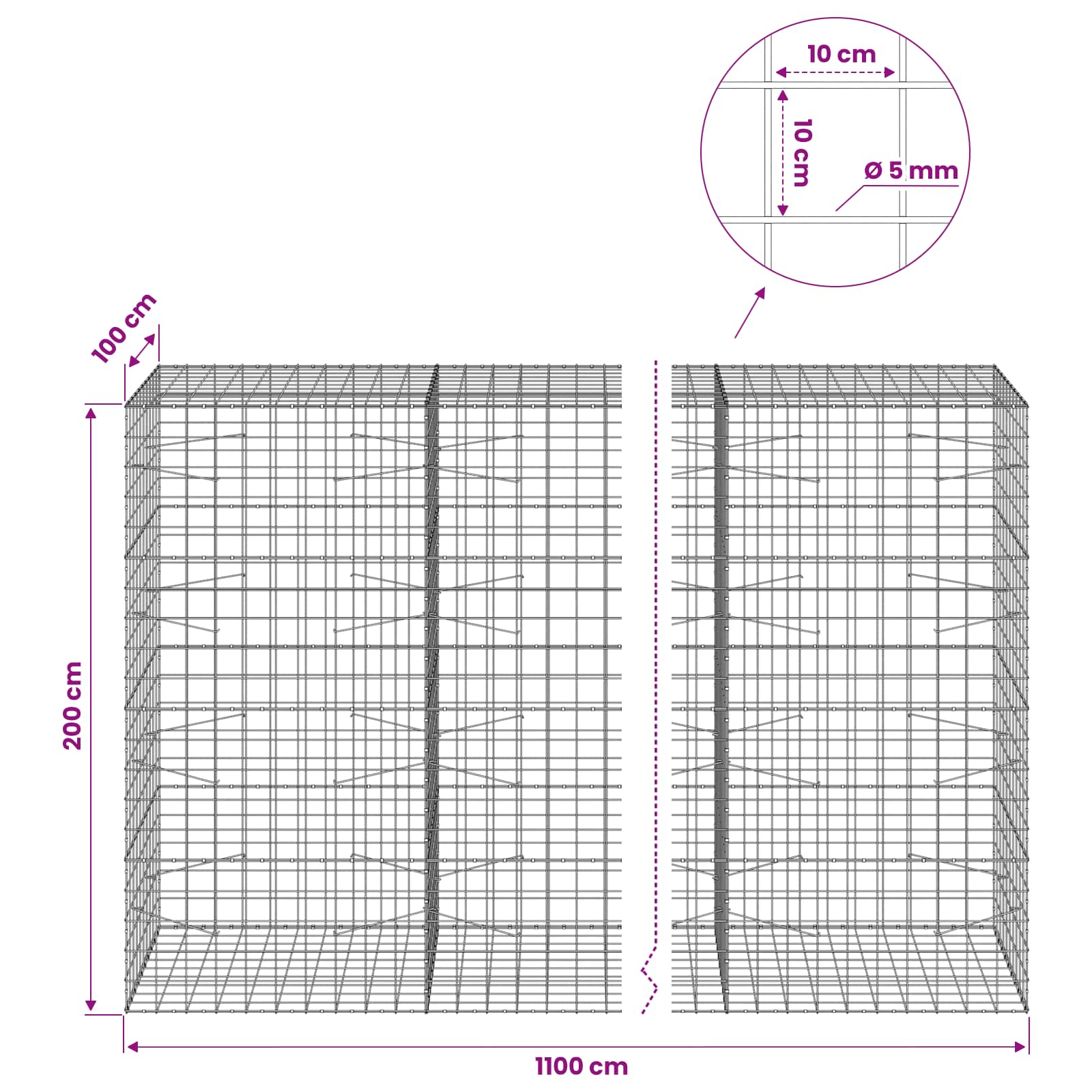 Gabion z žico 5 mm in mrežo 10x10 cm 1100x100x200 cm