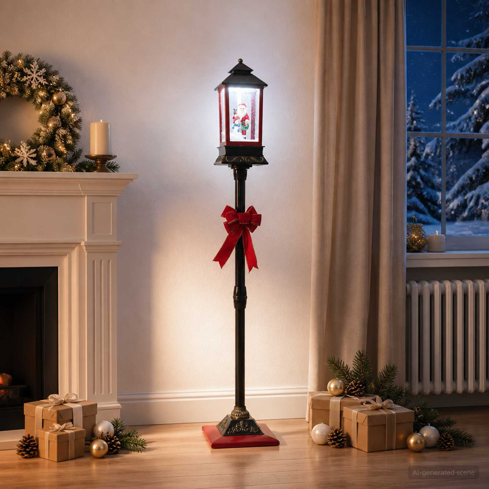 Black lantern with red bow, lit with Santa scene, in festive room setting.