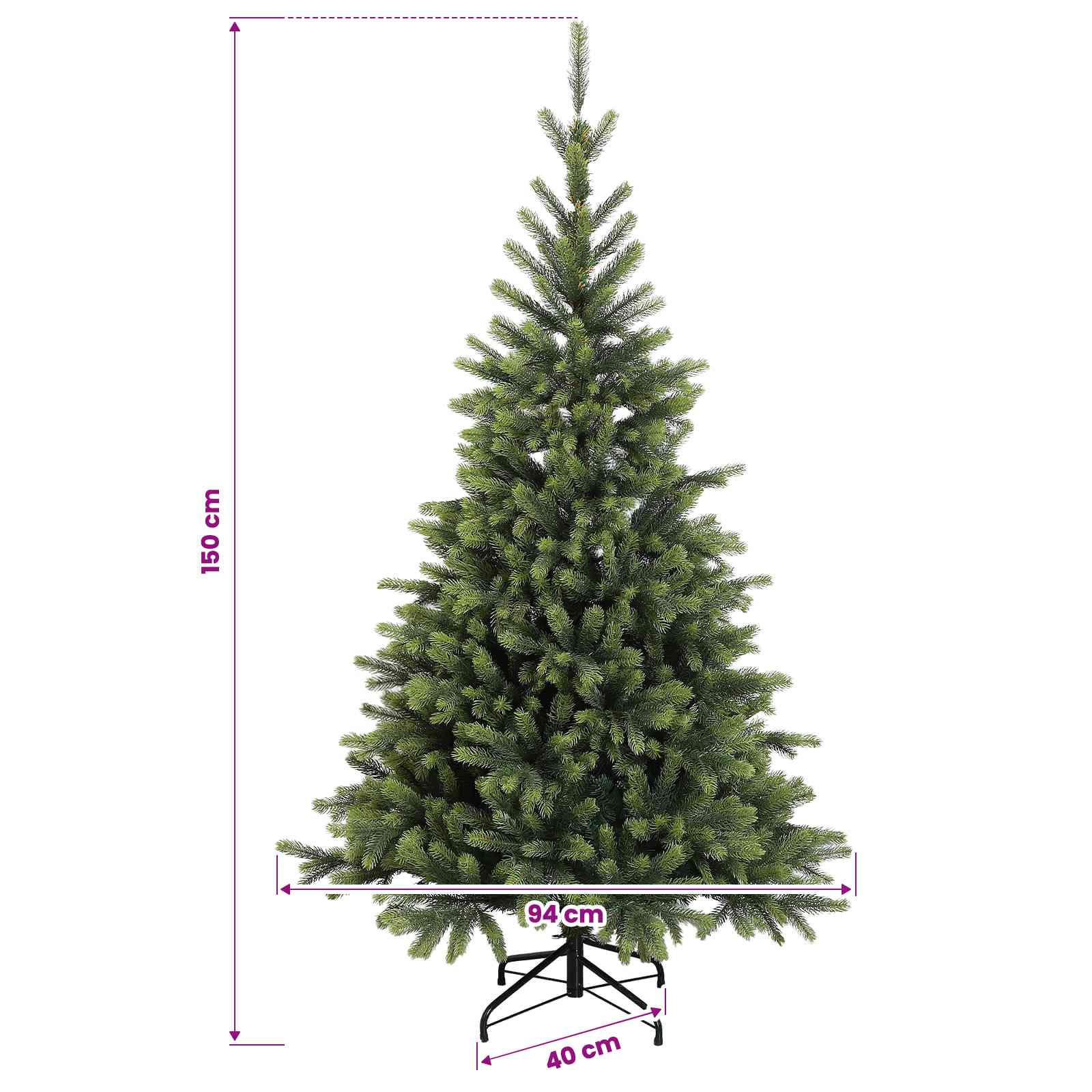 Artificial Hinged Christmas Tree 150 LEDs Warm size guide
