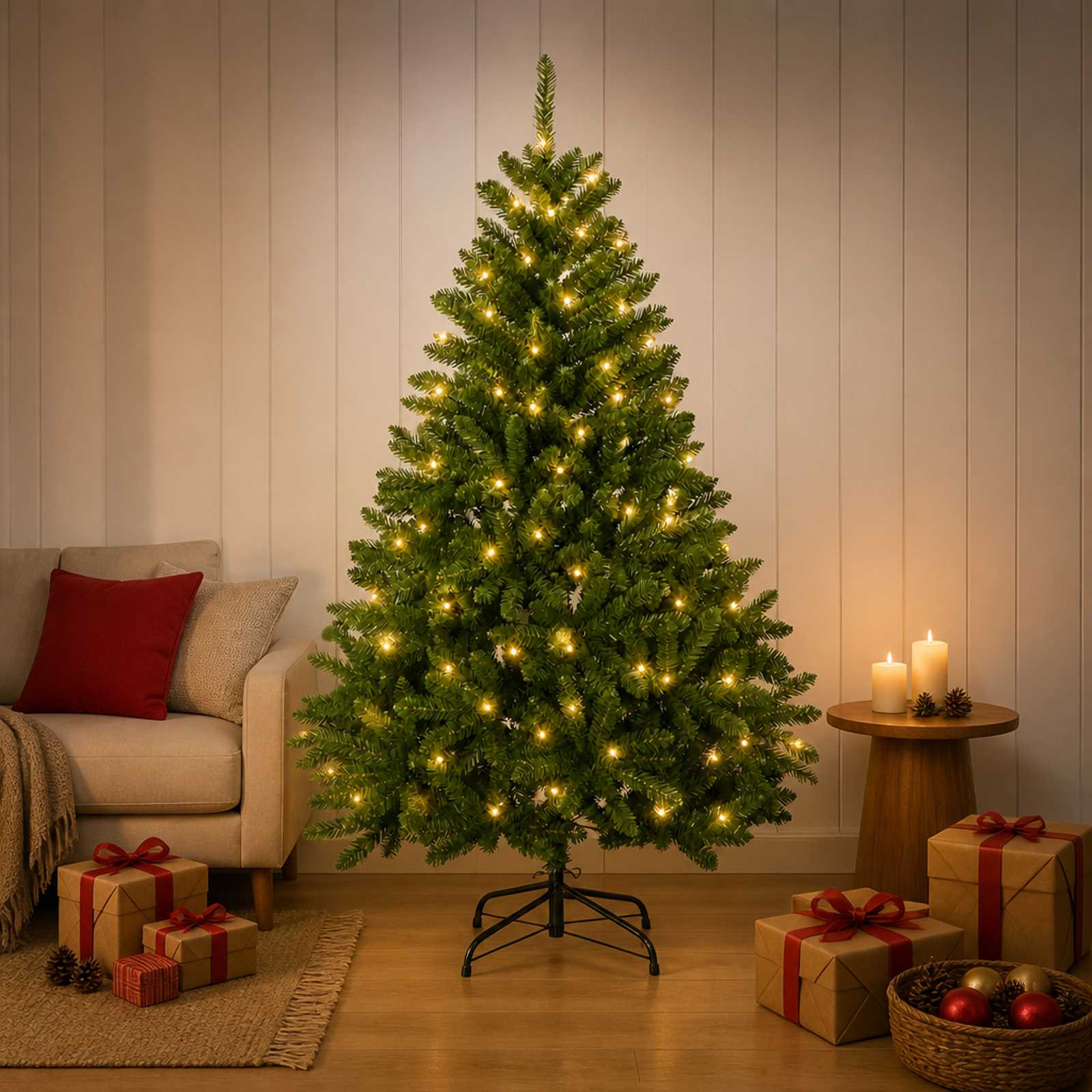 Kunstigt juletræ med hængslede grene 120 cm - 150 LED varm hvid