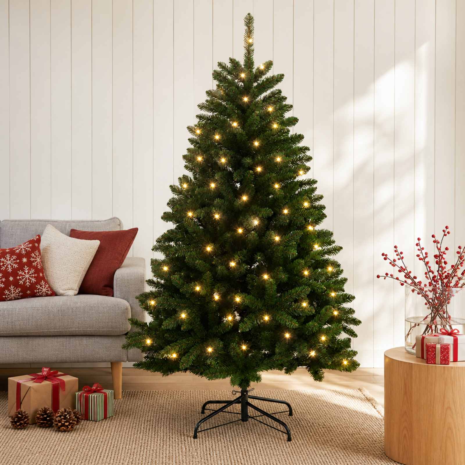 Kunstigt juletræ med hængslede grene 180 cm 300 LED - varm hvid