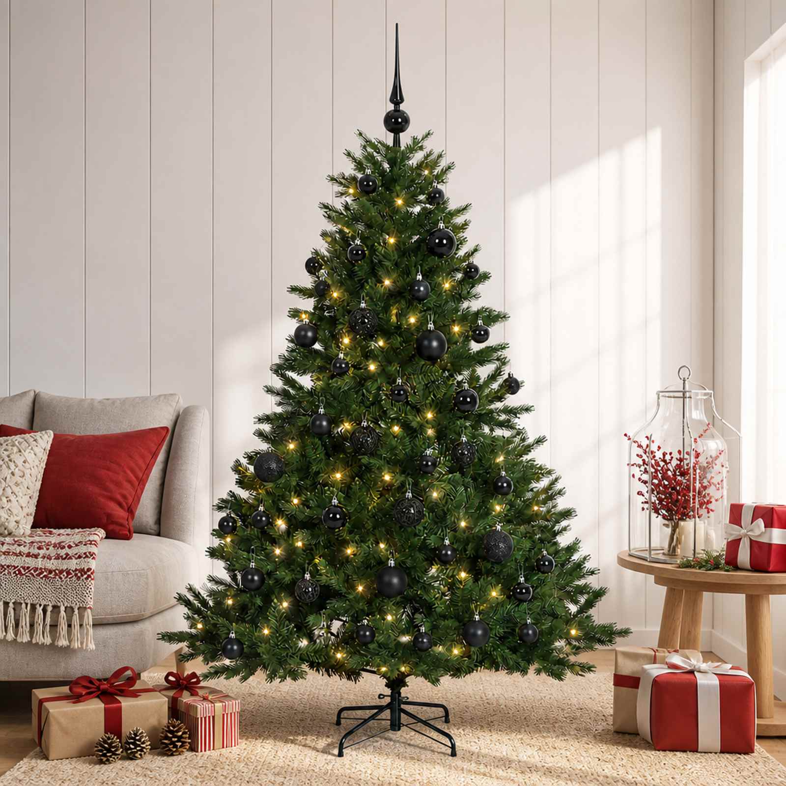 vidaXL Kunstig juletre med julekuler 150 cm 150 LED-lys Varmhvit