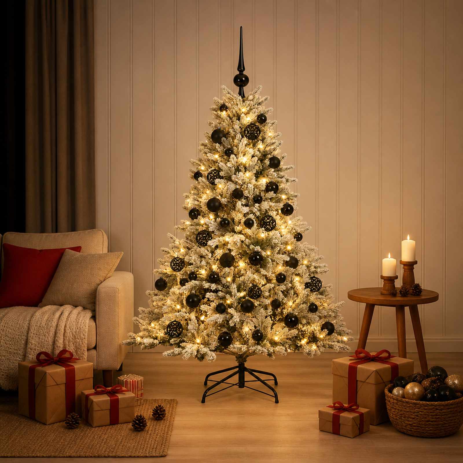 vidaXL Kunstig juletre med julekuler 150 cm 150 LED-lys Varmhvit